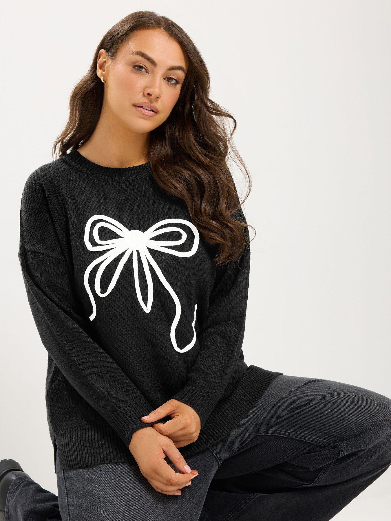 Image 1 of 4 of Yours Womens Plus Size Bow Motif Crew Neck Jumper - Black