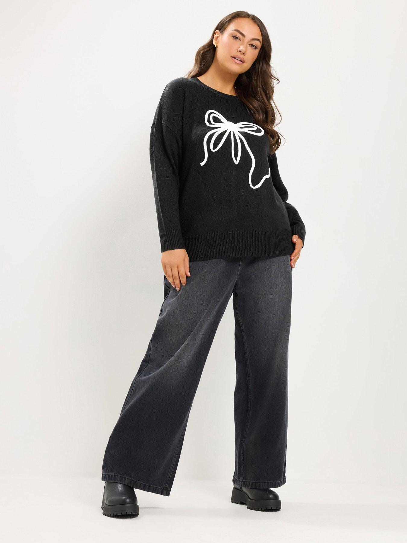 Image 3 of 4 of Yours Womens Plus Size Bow Motif Crew Neck Jumper - Black