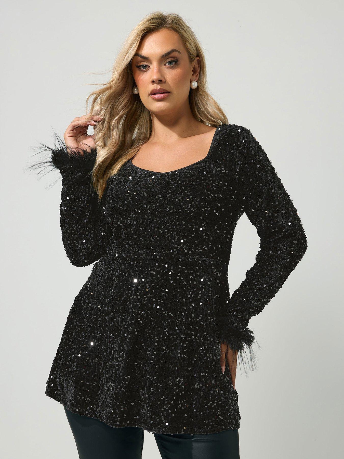 Yours Yours Womens Plus Size Sequin Velvet Faux Fur Cuff Blouse - Black