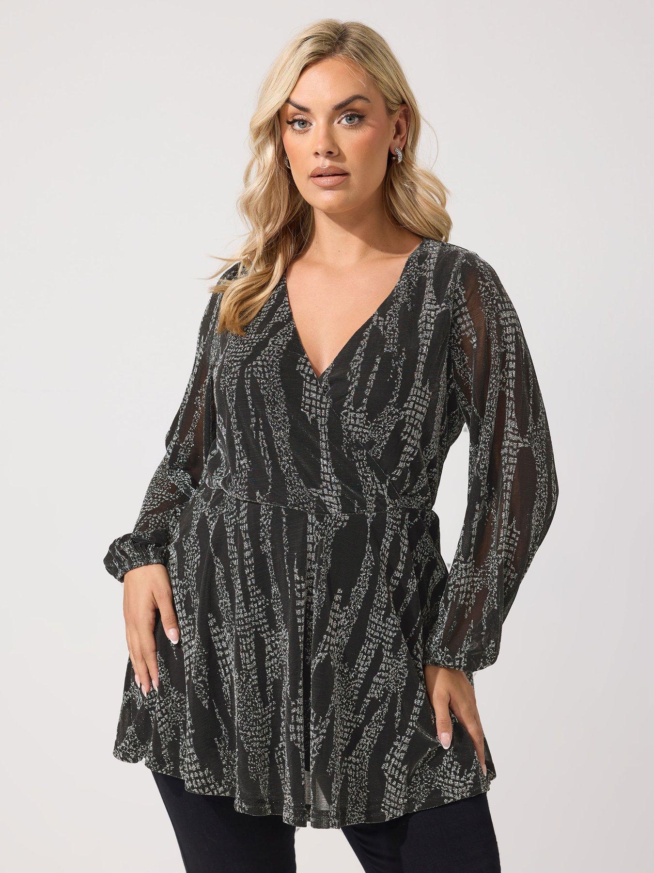 Image 1 of 4 of Yours Yours Womens Plus Size Metallic Wrap V-Neck Long Sleeve Blouse - Black