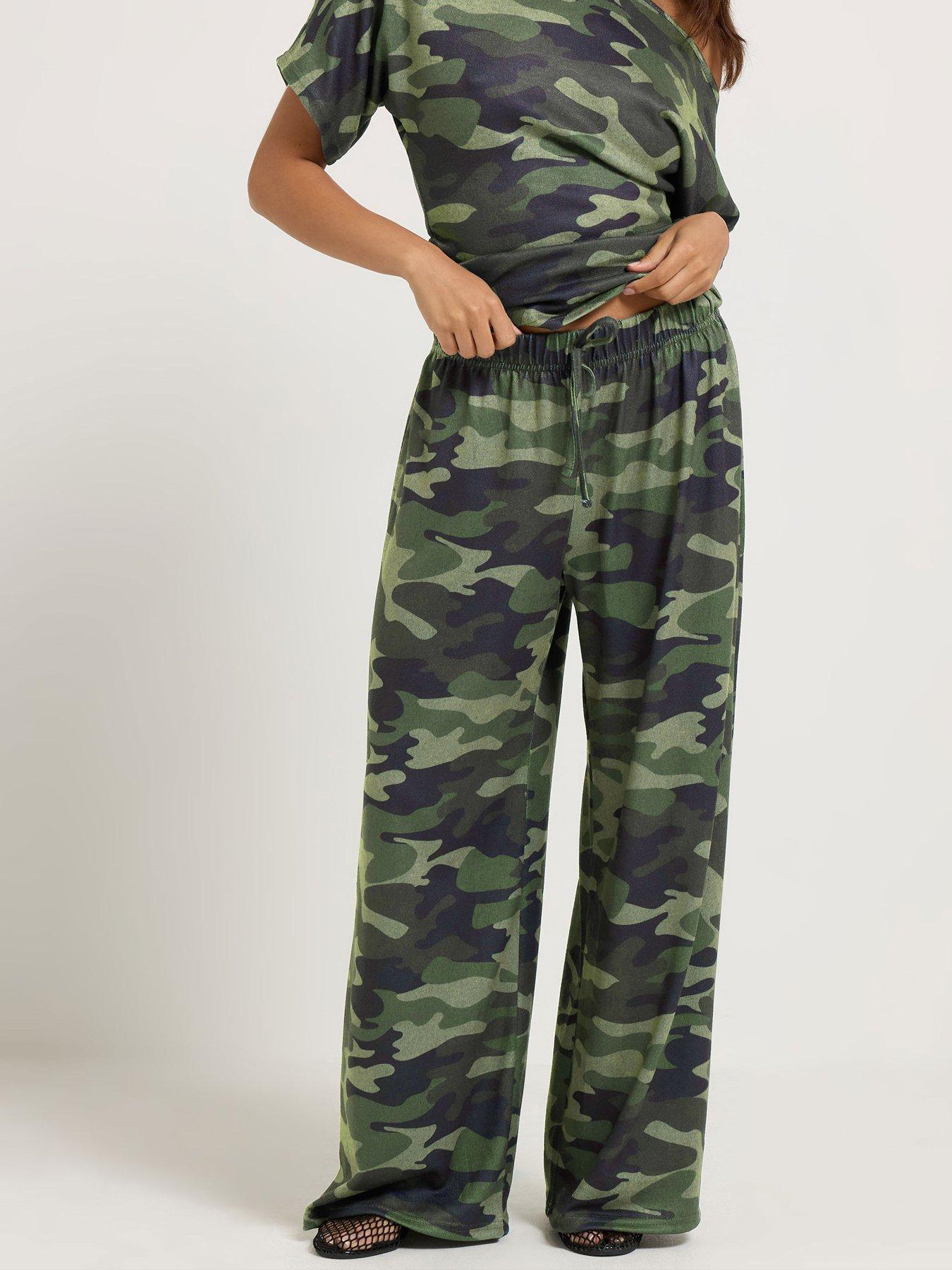 Image 1 of 4 of Long Tall Sally Petite Camo Soft Touch Wide Leg Trouser - Green