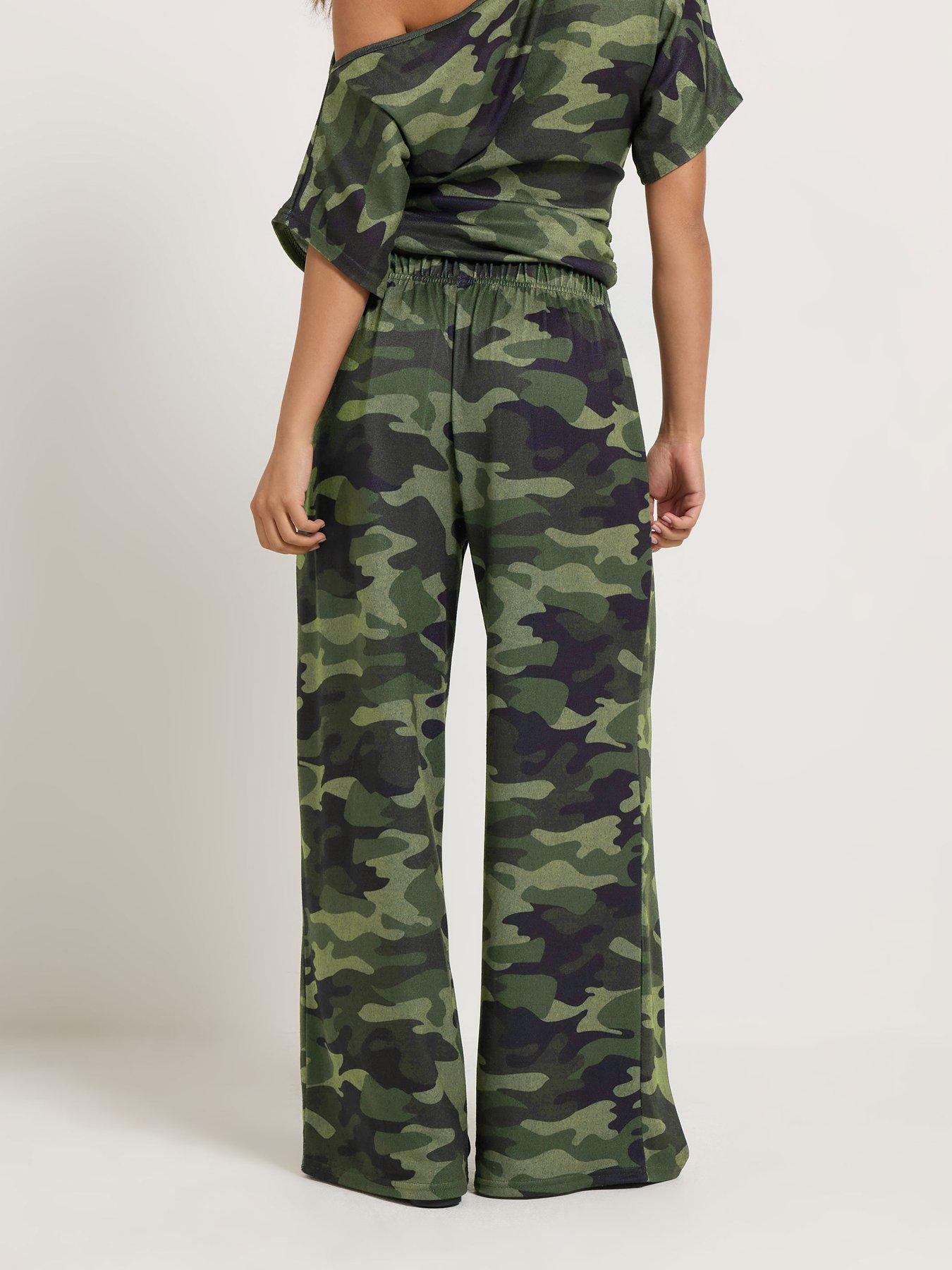 Image 2 of 4 of Long Tall Sally Petite Camo Soft Touch Wide Leg Trouser - Green