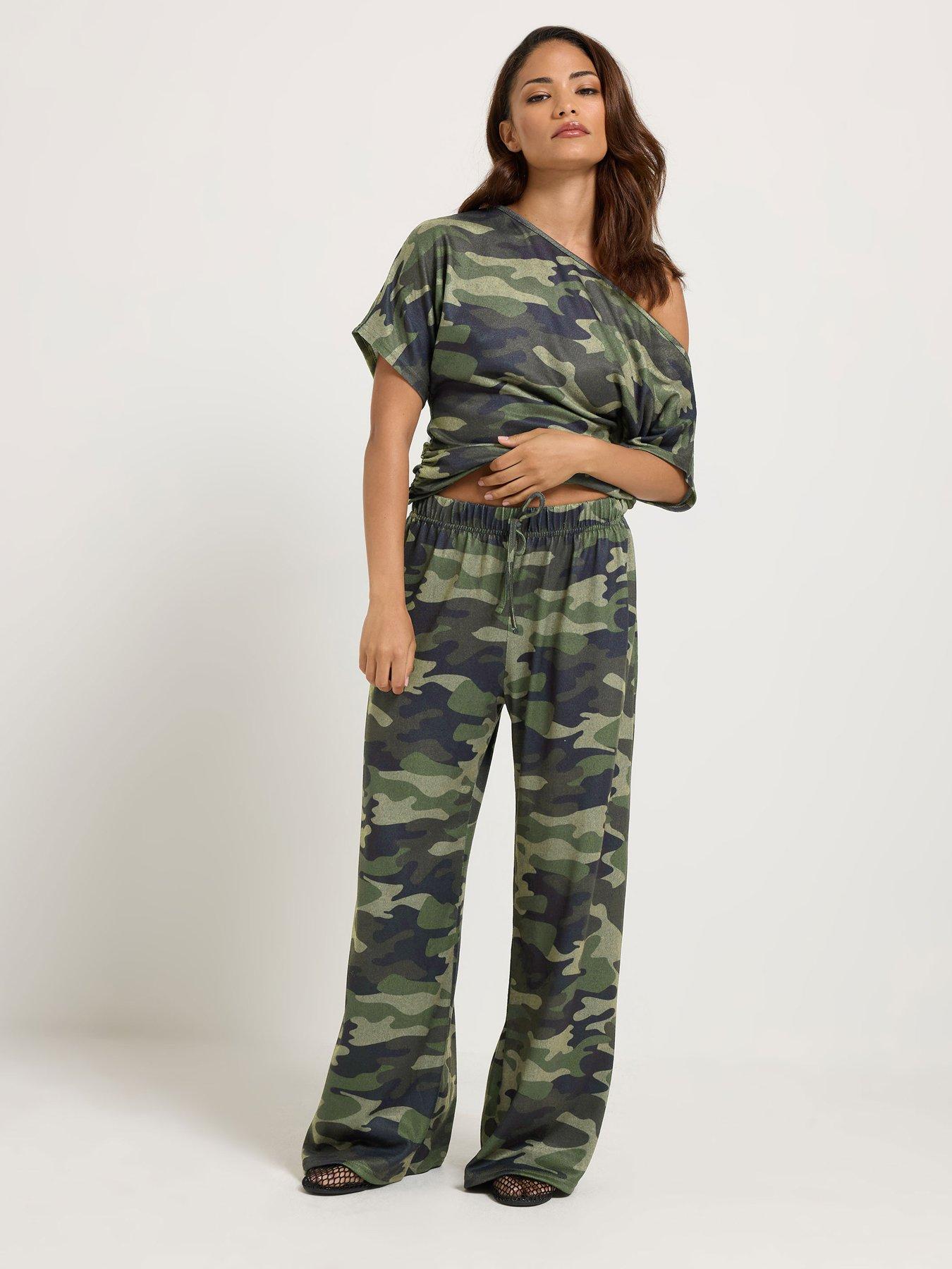 Image 3 of 4 of Long Tall Sally Petite Camo Soft Touch Wide Leg Trouser - Green
