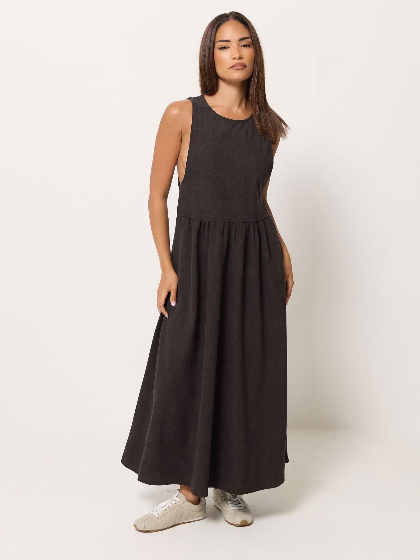 PixieGirl Petite Cord Pinafore Midi Dress - Brown