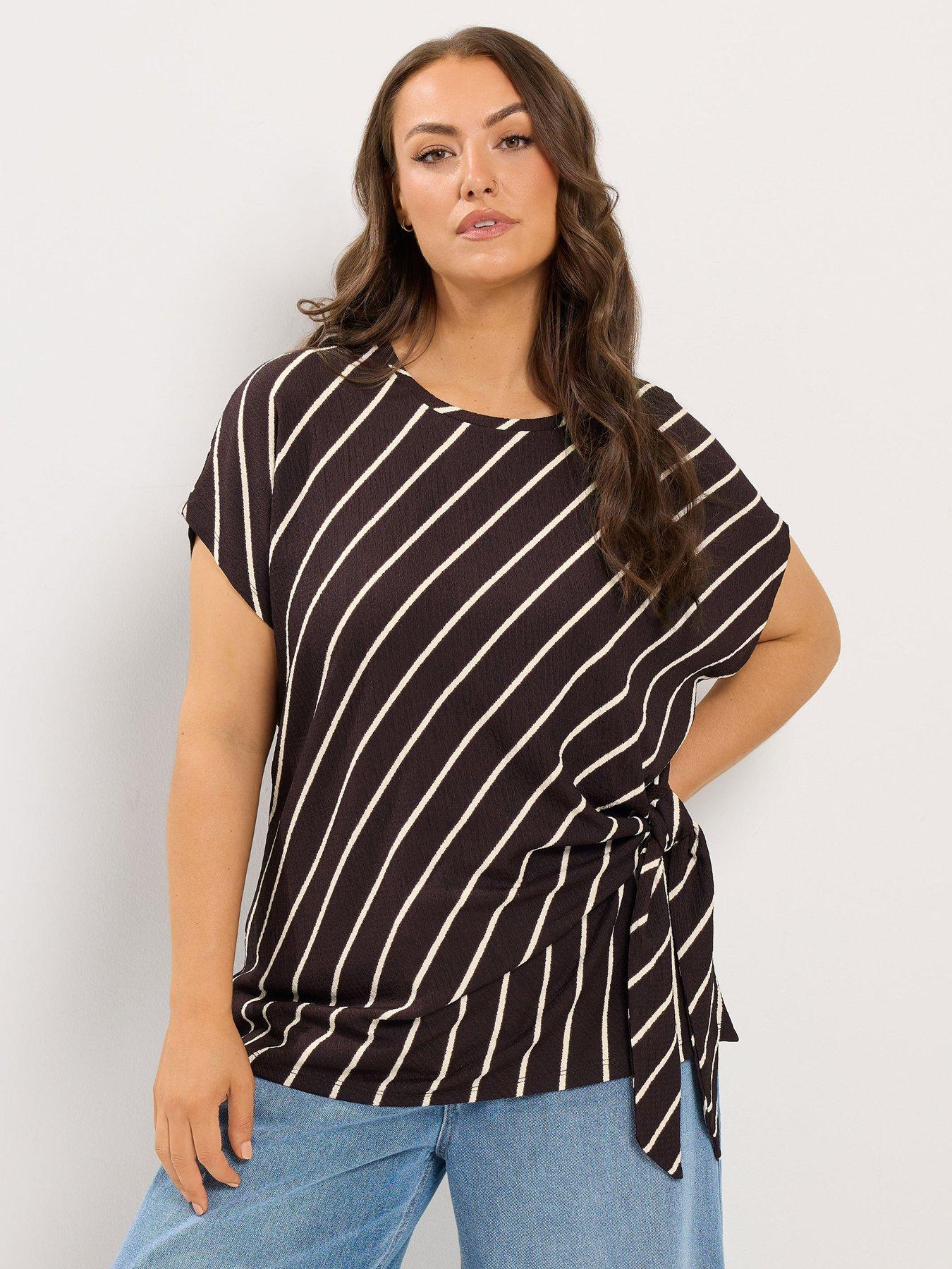 Yours Curve Tie Side Stripe T-Shirt - Brown