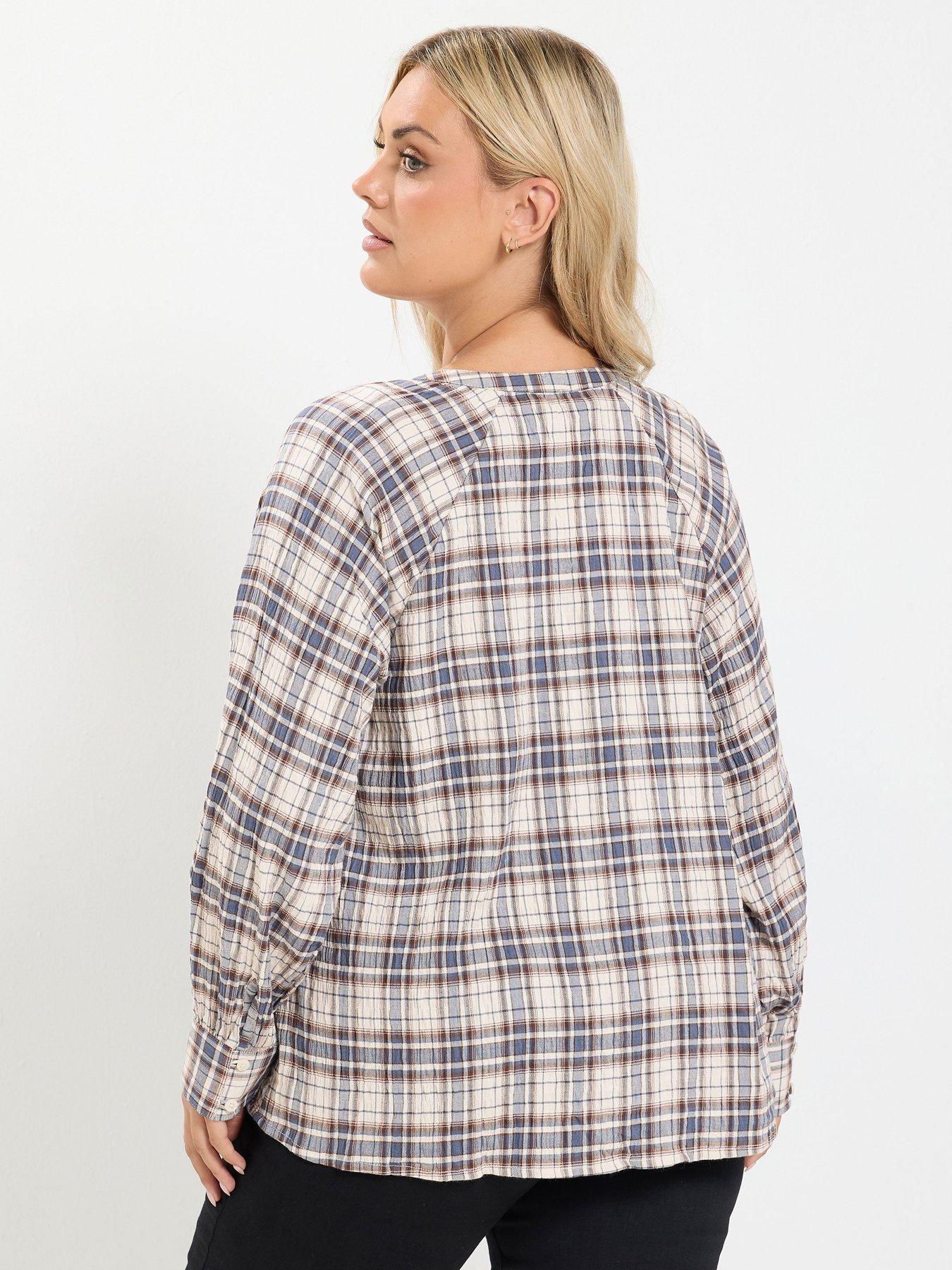 Image 2 of 4 of Yours Womens Curve Check Button-Through Tie Neck Blouse - Blue
