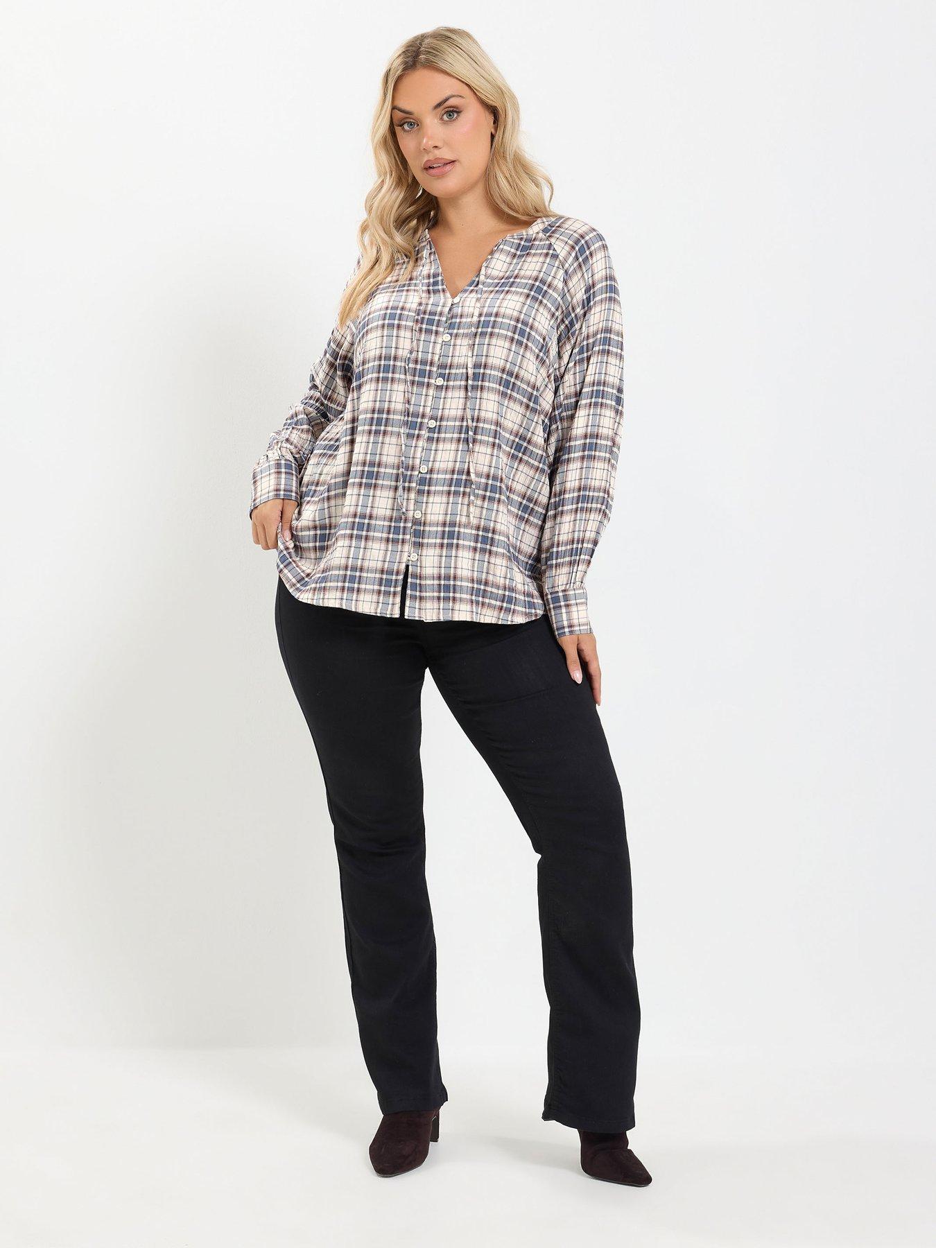Image 3 of 4 of Yours Womens Curve Check Button-Through Tie Neck Blouse - Blue