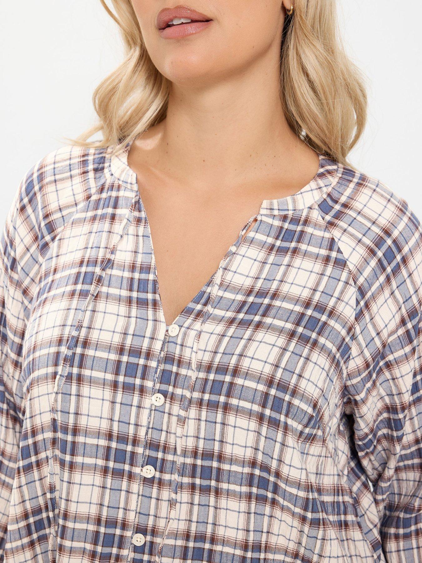 Image 4 of 4 of Yours Womens Curve Check Button-Through Tie Neck Blouse - Blue