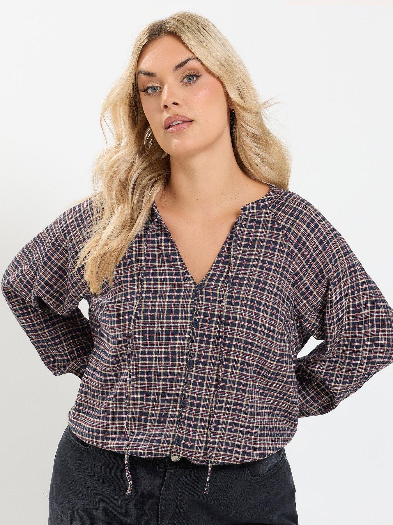 Image 1 of 4 of Yours Womens Curve Check Tie Neck Button-Through Blouse - Blue