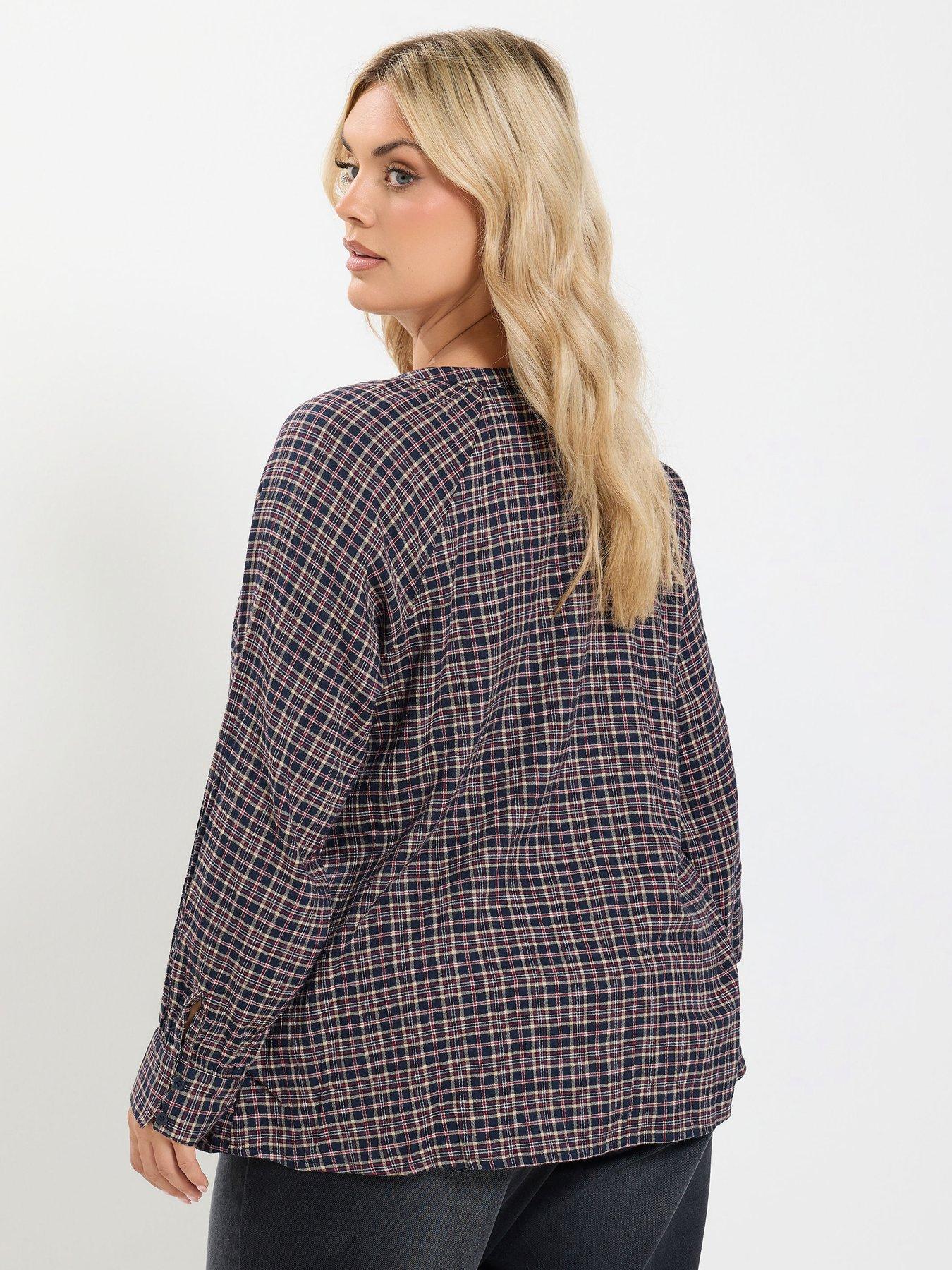 Image 2 of 4 of Yours Womens Curve Check Tie Neck Button-Through Blouse - Blue