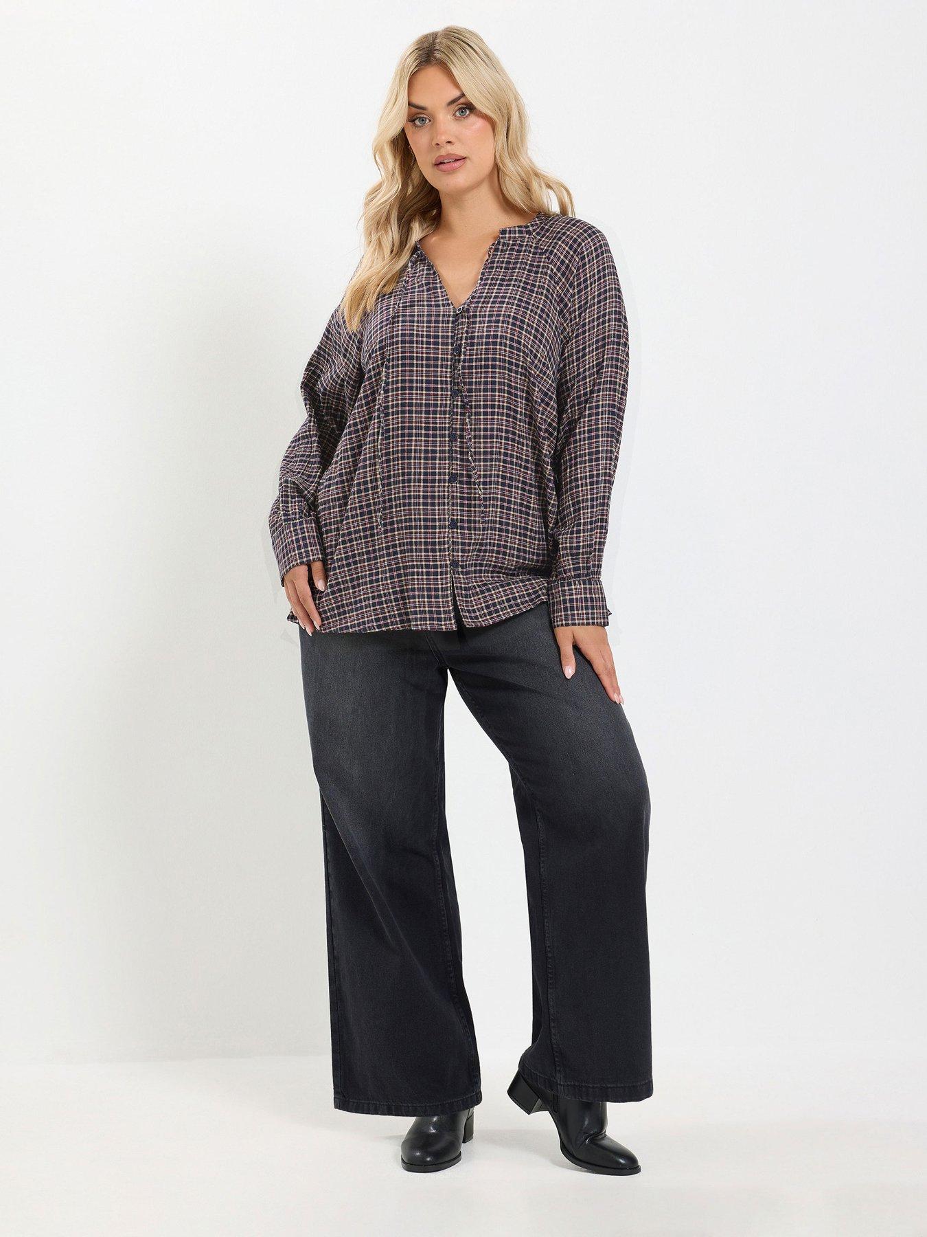 Image 3 of 4 of Yours Womens Curve Check Tie Neck Button-Through Blouse - Blue