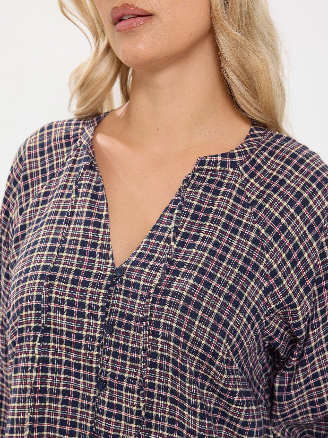 Image 4 of 4 of Yours Womens Curve Check Tie Neck Button-Through Blouse - Blue