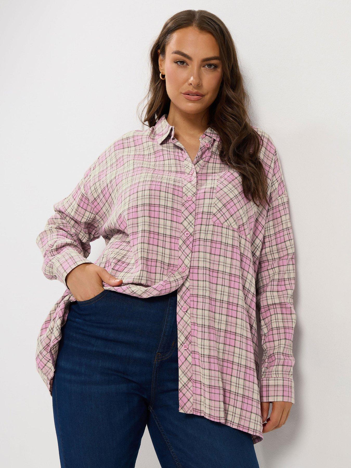 Image 1 of 4 of Yours Womens Curve Check Button-Through Longer Length Blouse - Pink