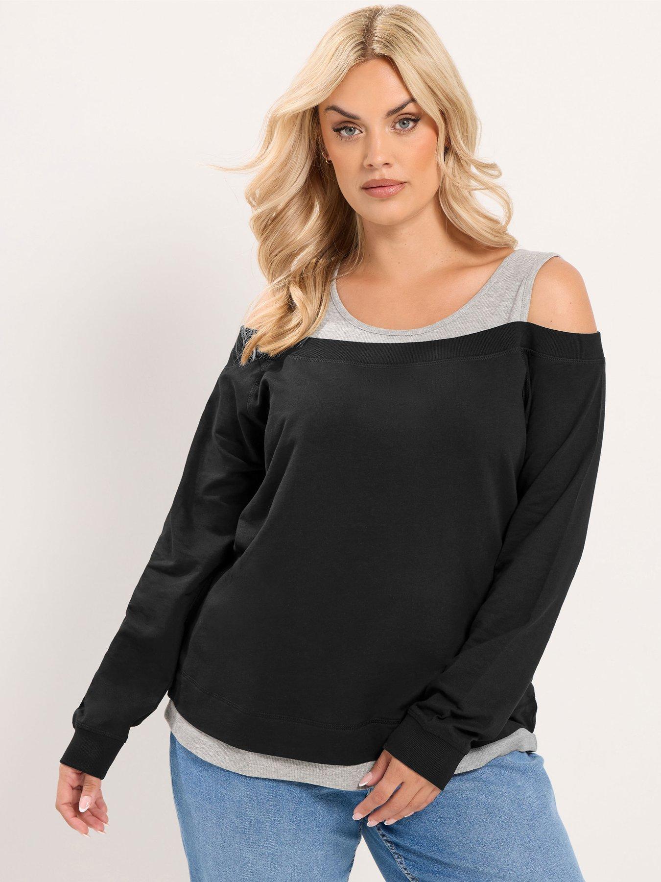 Yours Curve 2 In 1 Bardot Rib Trim T-Shirt - Black