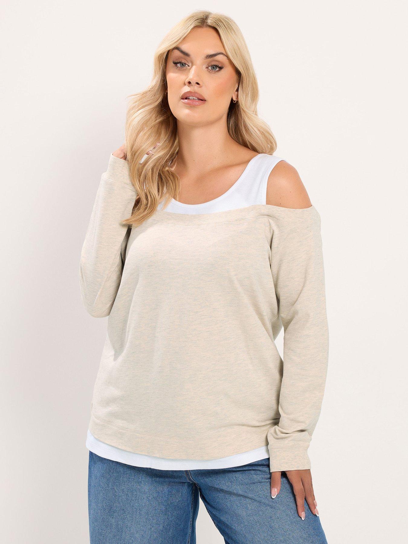 Yours Curve 2 In 1 Bardot Rib Trim T-Shirt - Cream