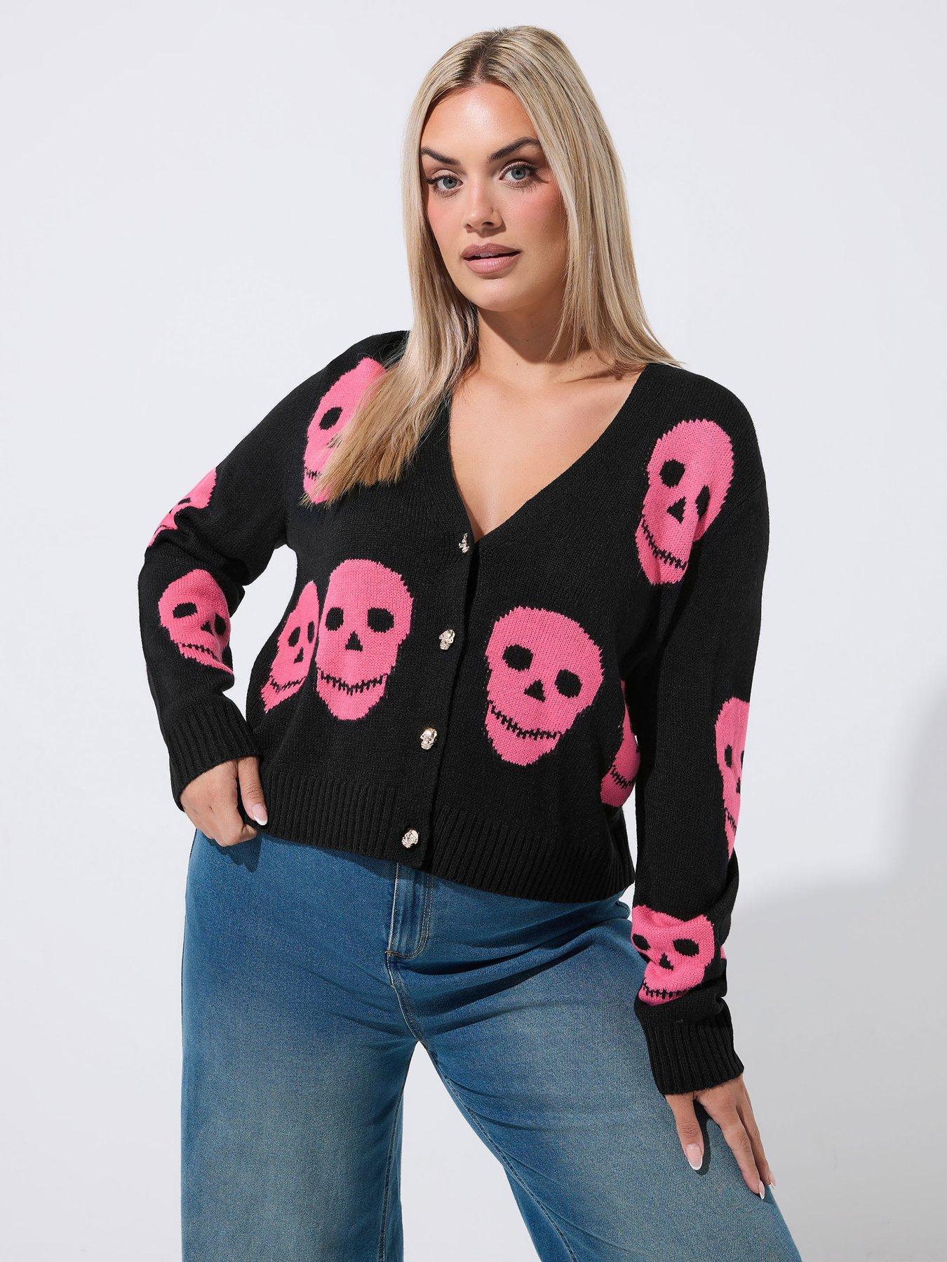Yours Curve Skull Button Cardigan - Black