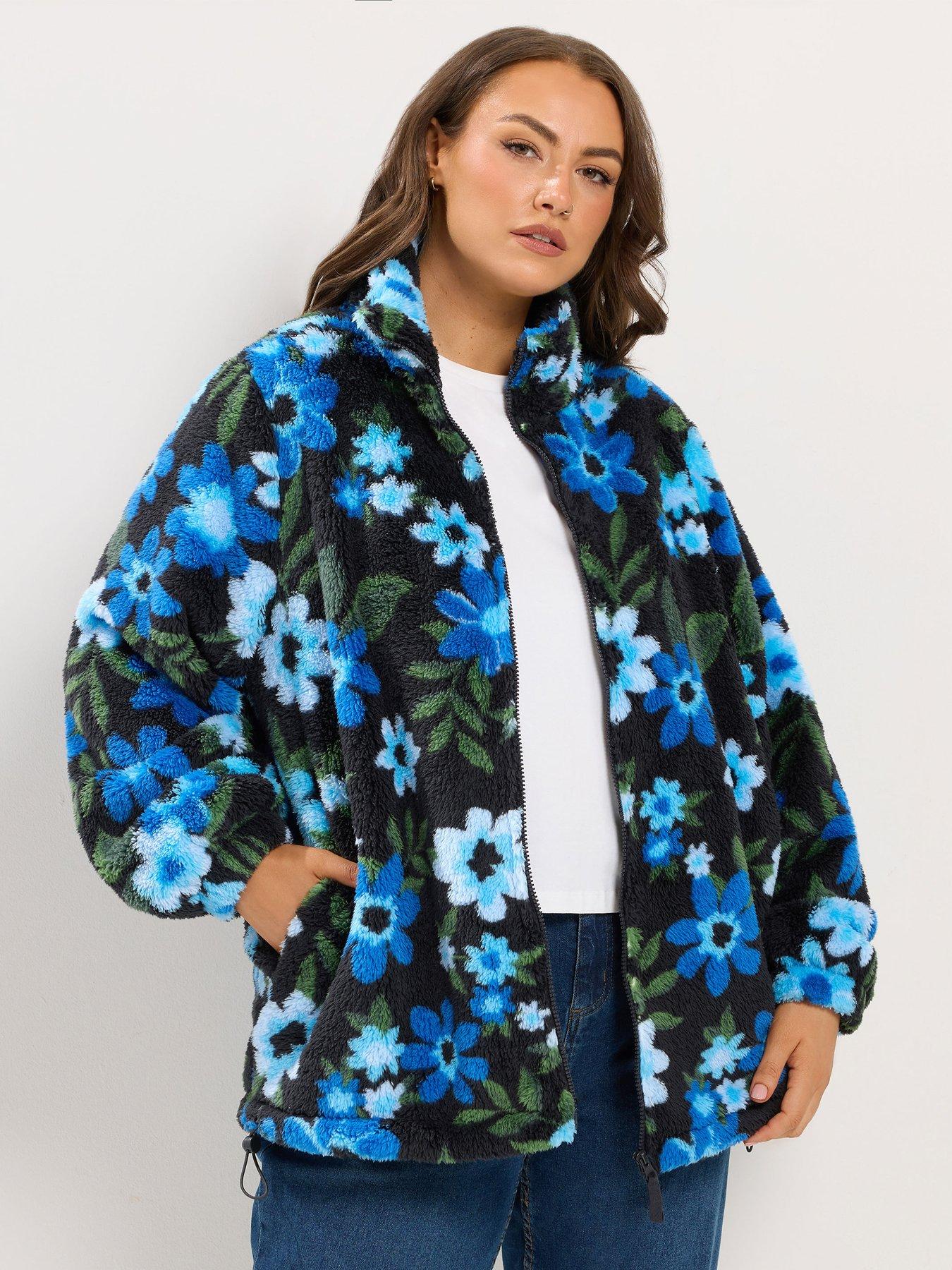 Yours Women's Curve Floral Print Feather Zip Through Fleece Jacket - Blue