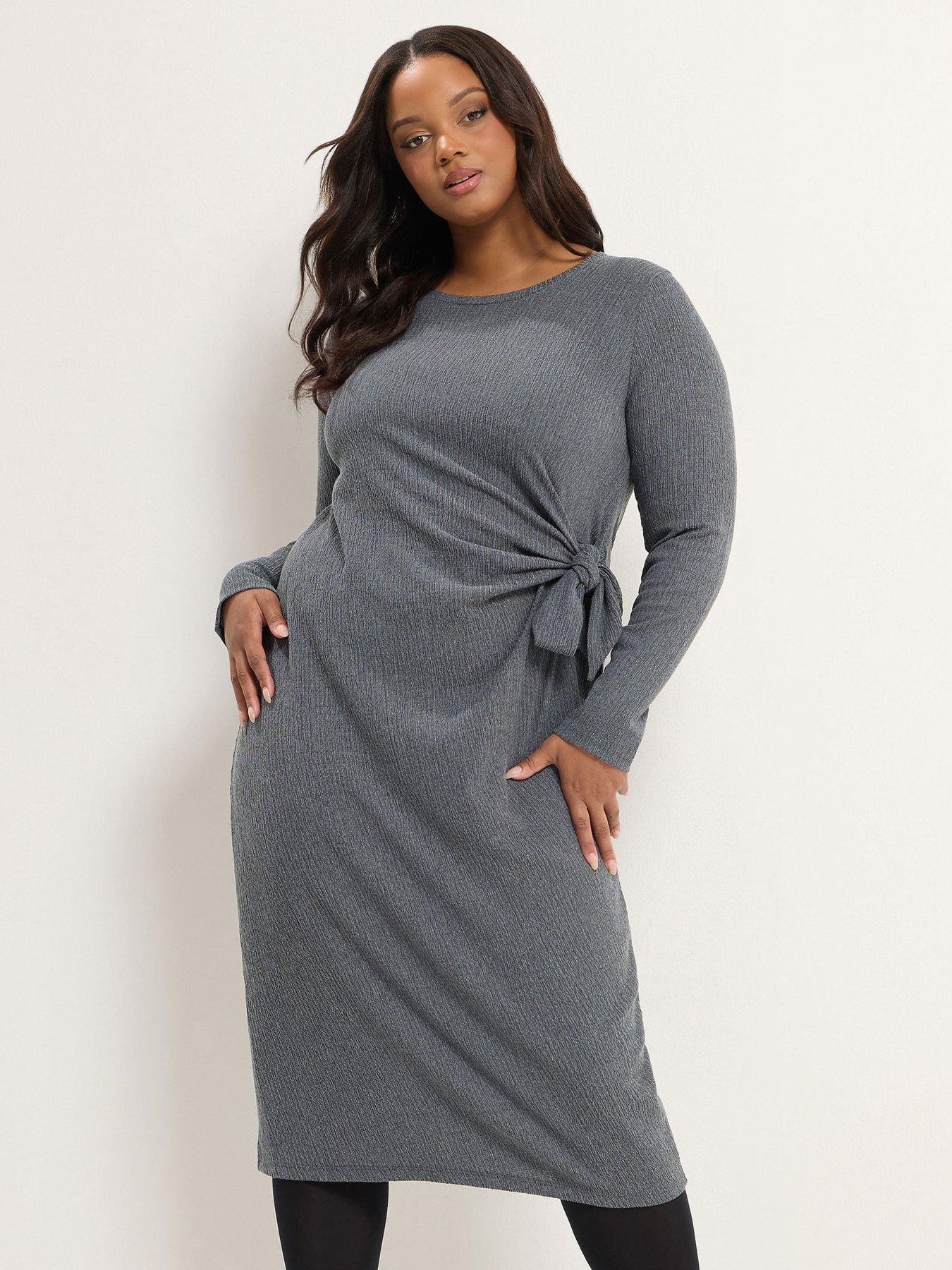 Image 1 of 4 of Yours Womens Curve Tie Side Ribbed Long Sleeve Dress - Grey