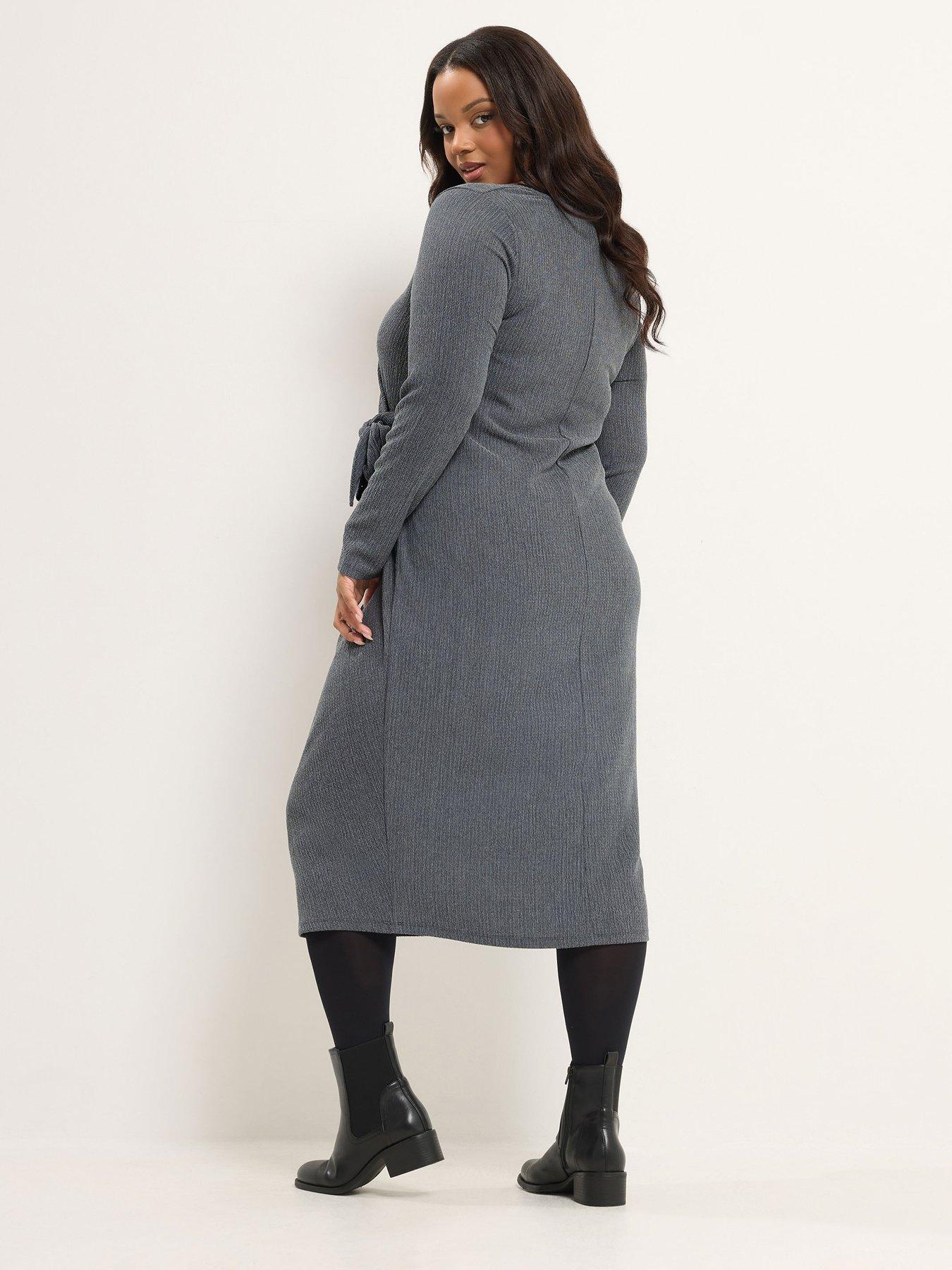 Image 2 of 4 of Yours Womens Curve Tie Side Ribbed Long Sleeve Dress - Grey