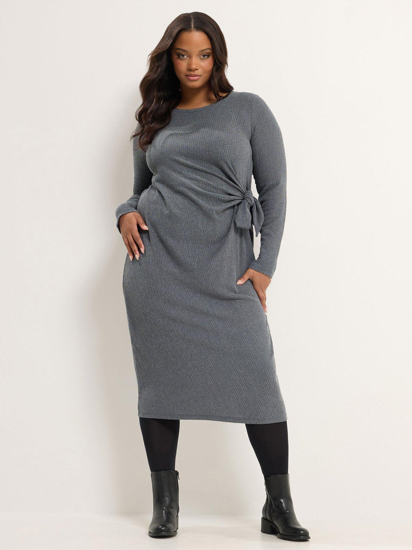 Image 3 of 4 of Yours Womens Curve Tie Side Ribbed Long Sleeve Dress - Grey