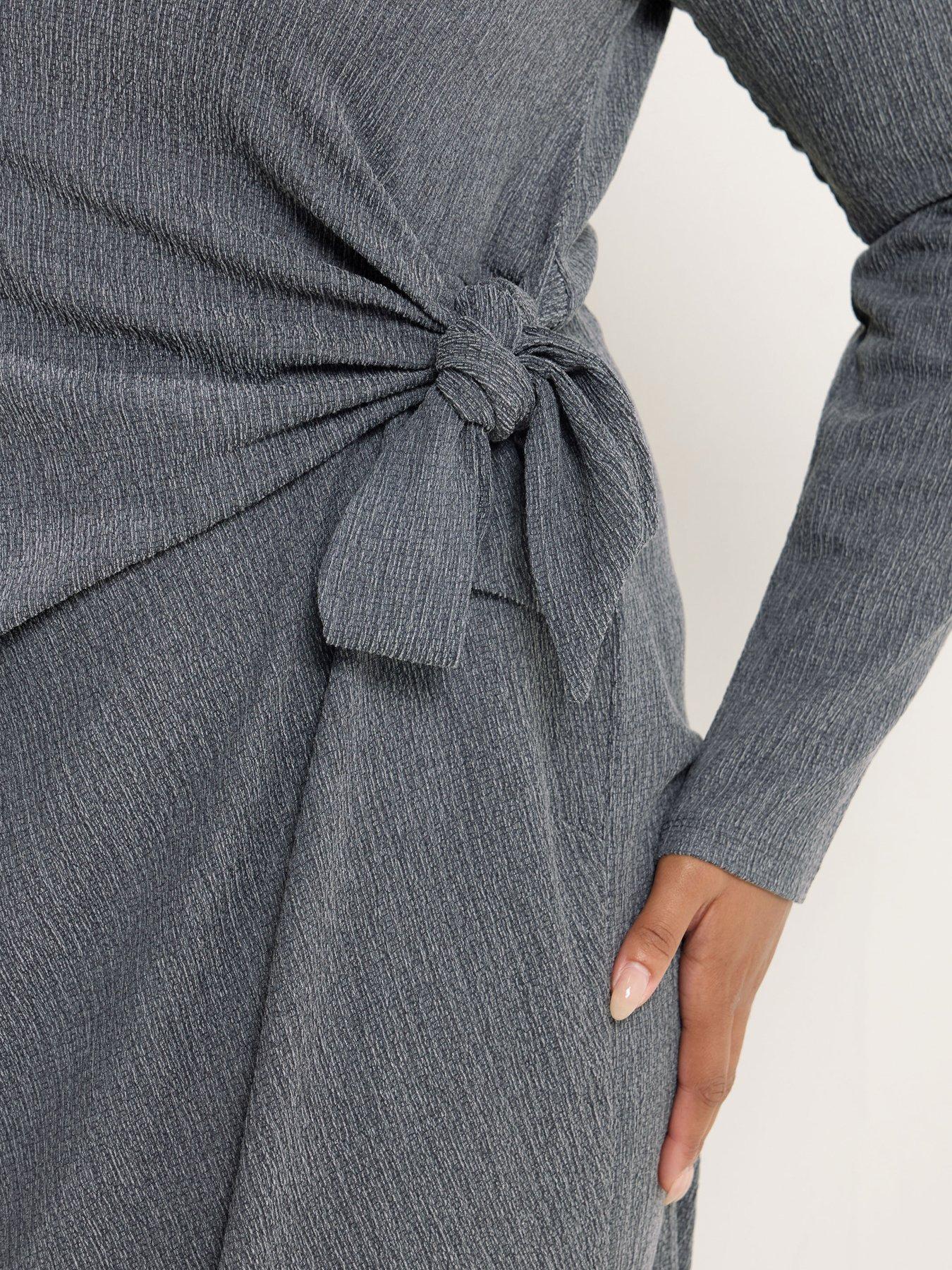 Image 4 of 4 of Yours Womens Curve Tie Side Ribbed Long Sleeve Dress - Grey