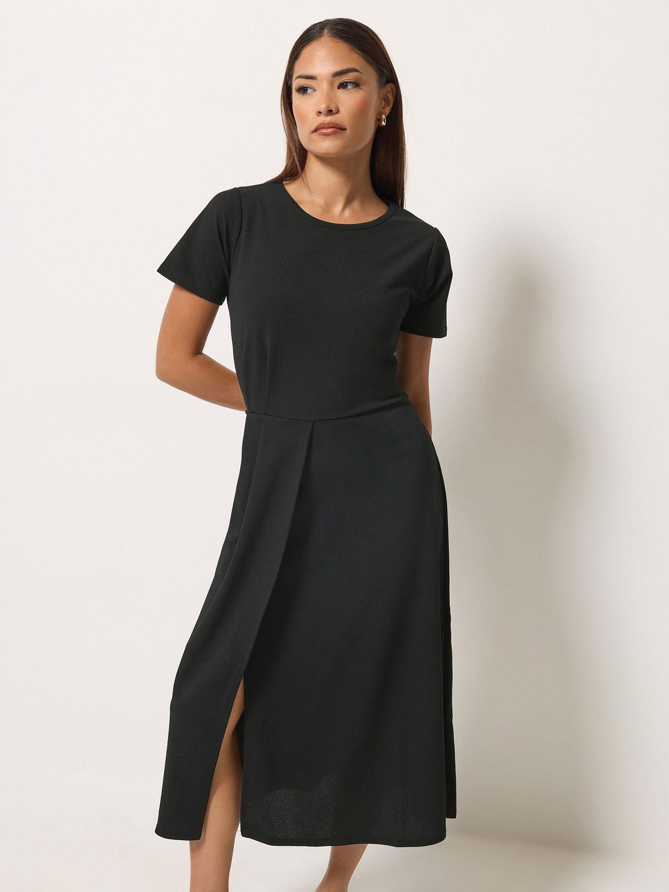PixieGirl Womens Petite Pleat Detail Side Split Midi Dress - Black