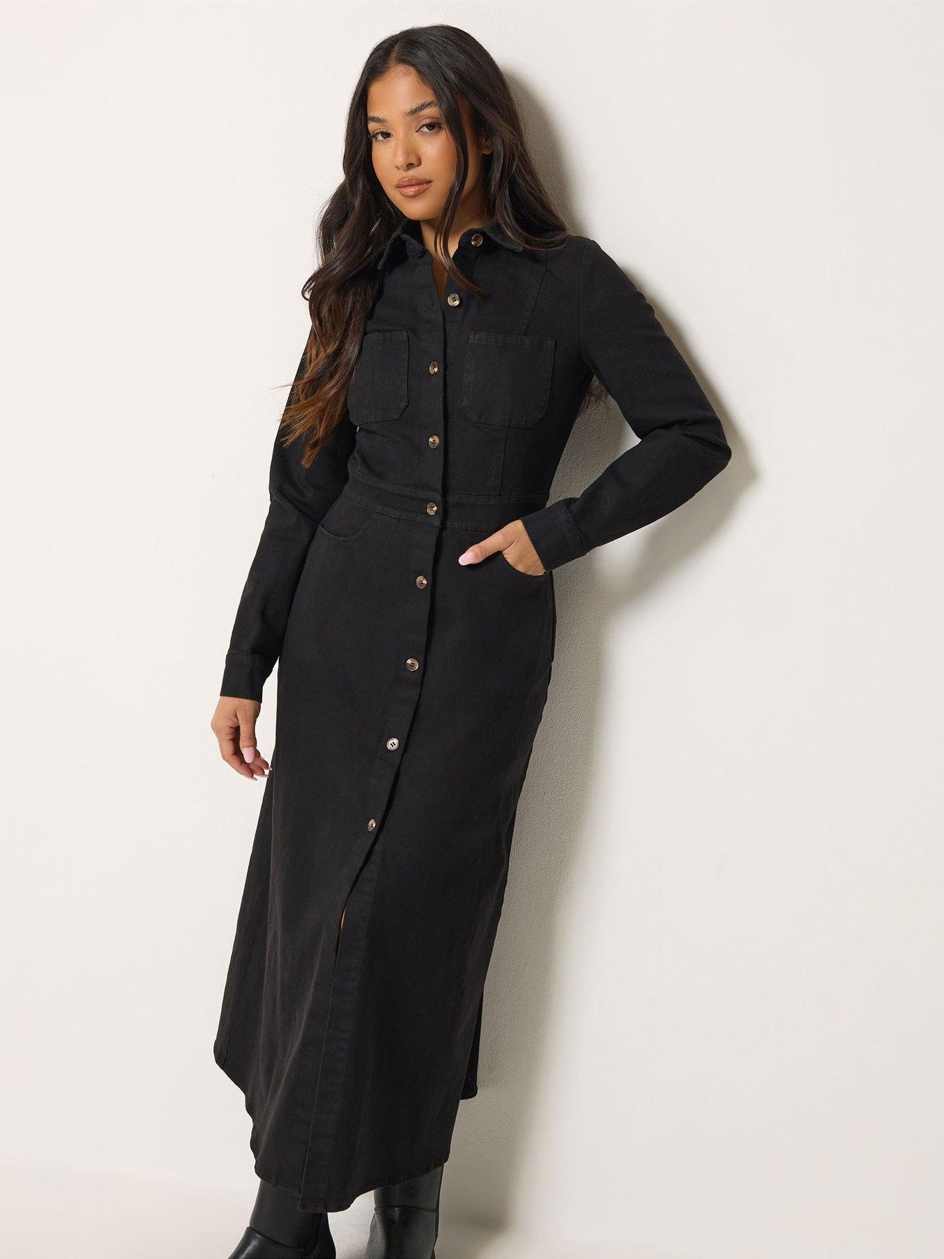 Image 1 of 4 of PixieGirl Womens Petite Button-Through Pocket Denim Maxi Dress - Black