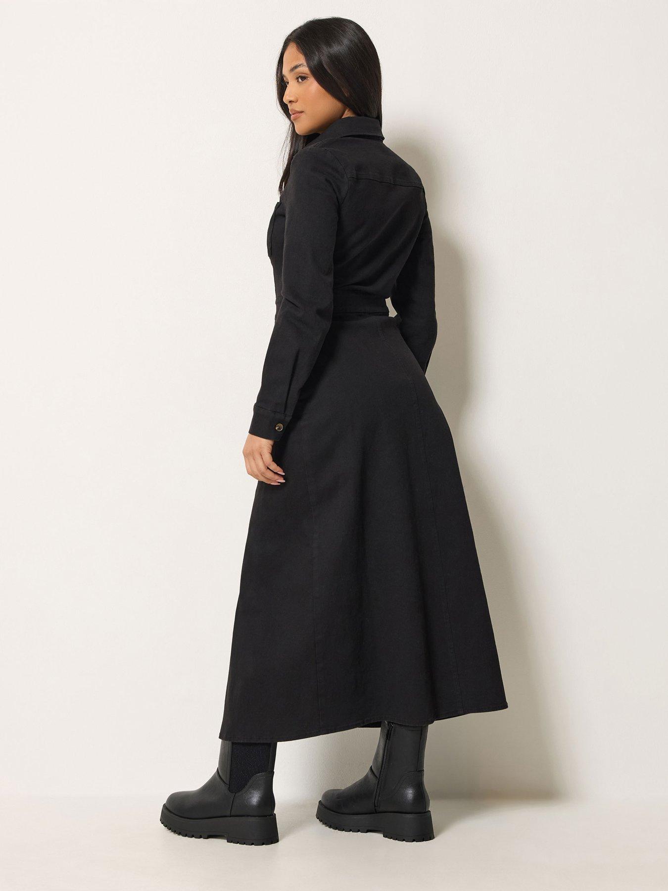 Image 2 of 4 of PixieGirl Womens Petite Button-Through Pocket Denim Maxi Dress - Black