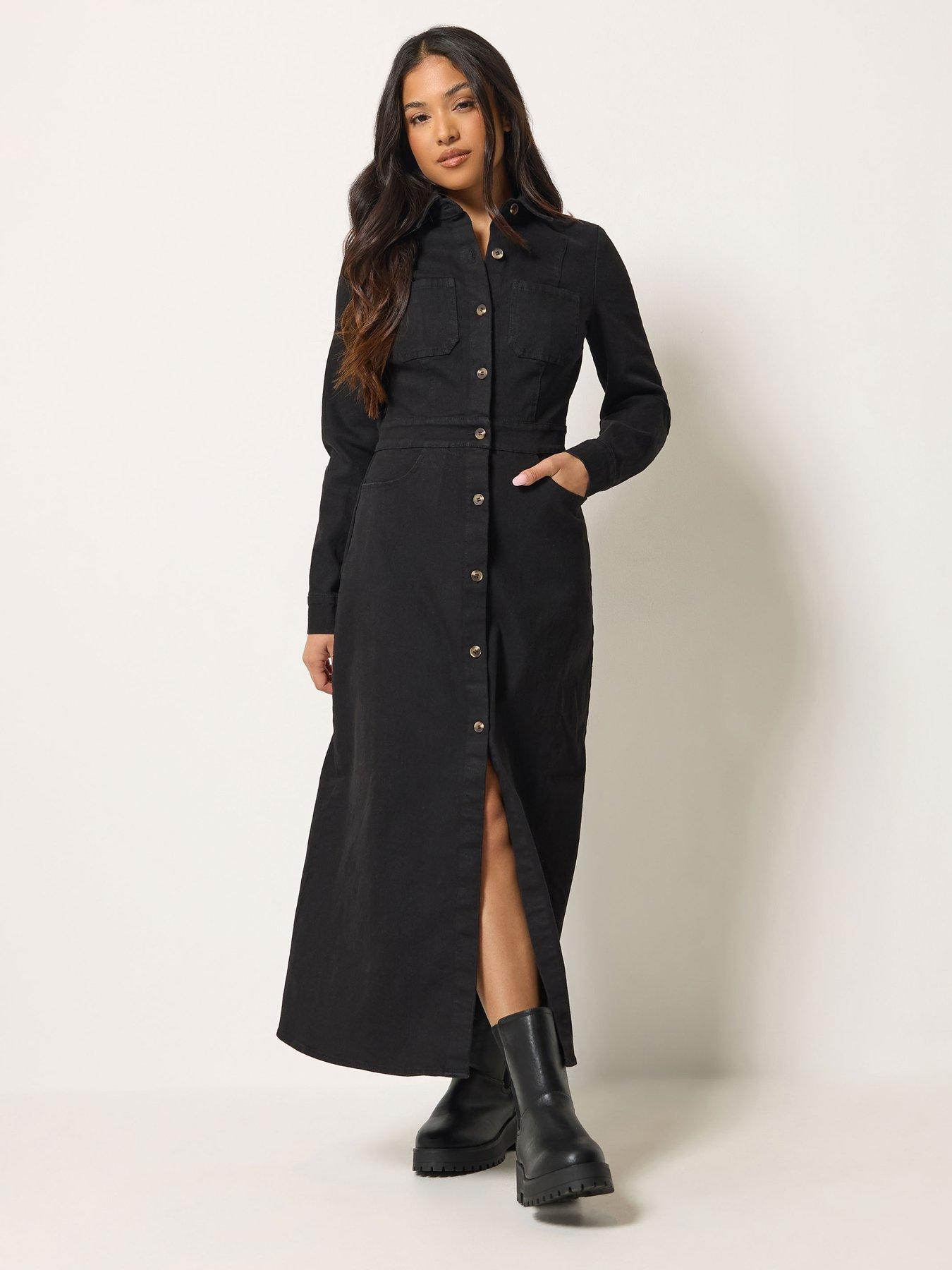 Image 3 of 4 of PixieGirl Womens Petite Button-Through Pocket Denim Maxi Dress - Black