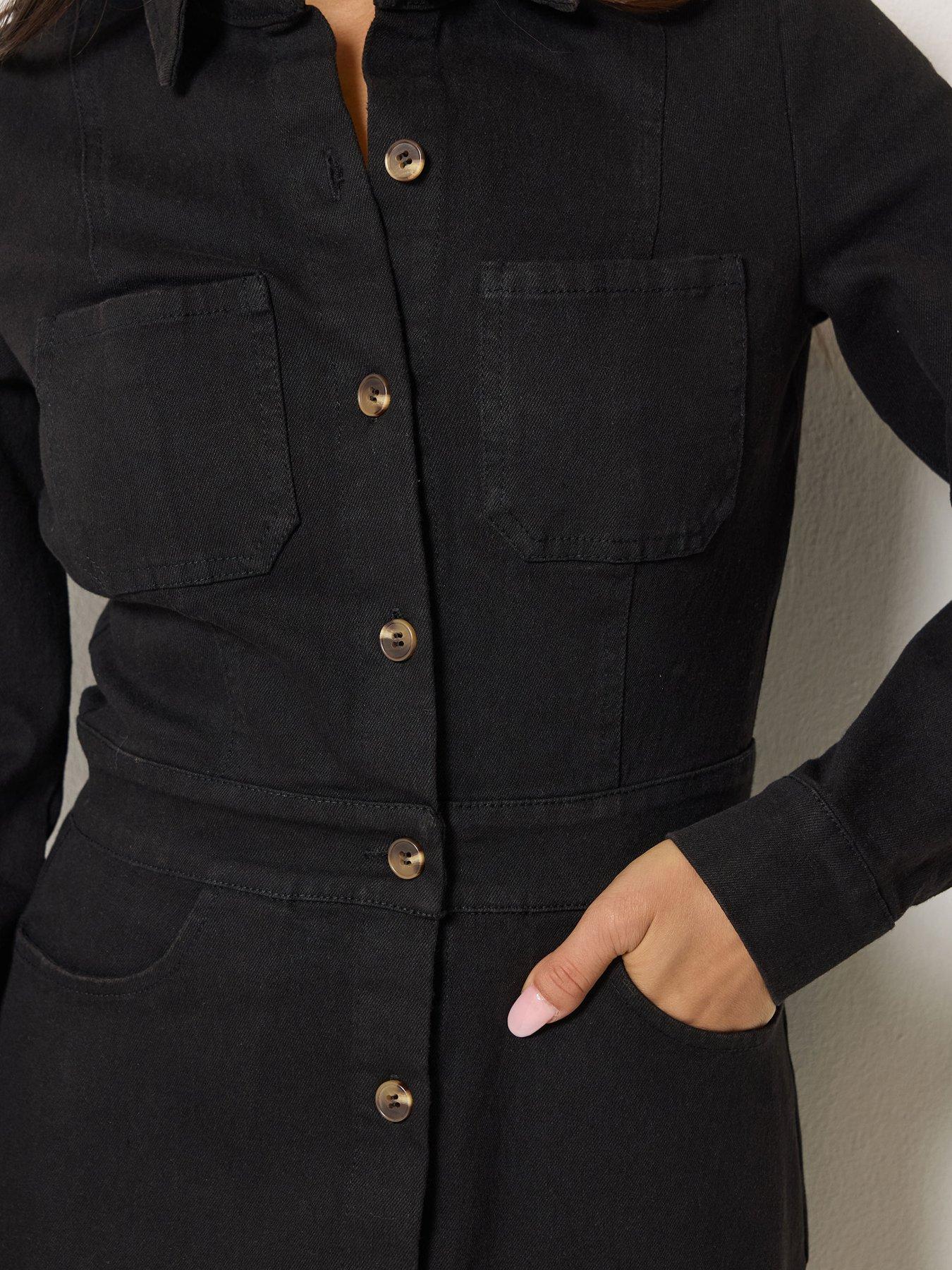 Image 4 of 4 of PixieGirl Womens Petite Button-Through Pocket Denim Maxi Dress - Black
