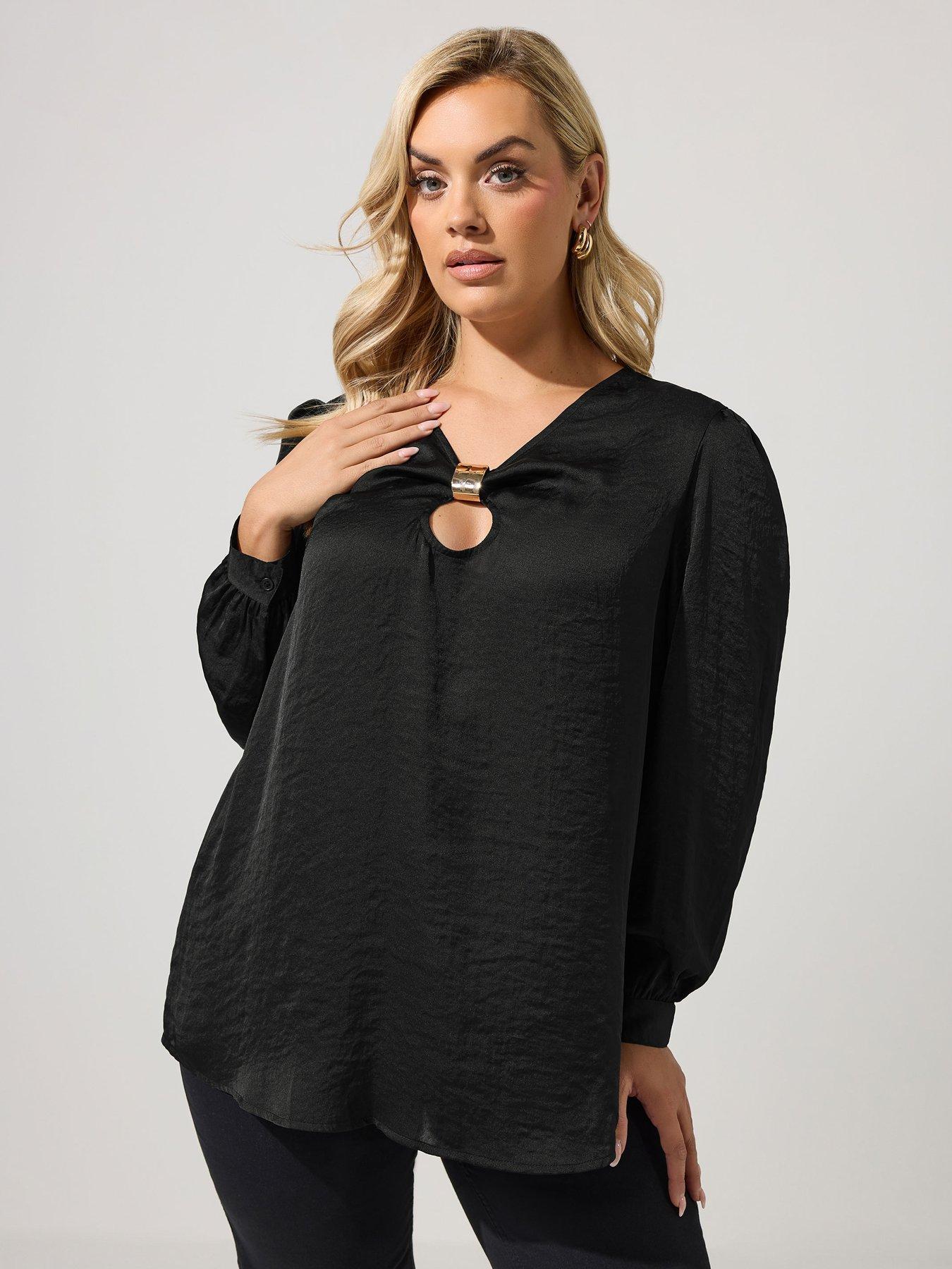 Image 1 of 4 of Yours Womens Curve Crinkle Satin Metal Trim Blouse - Black