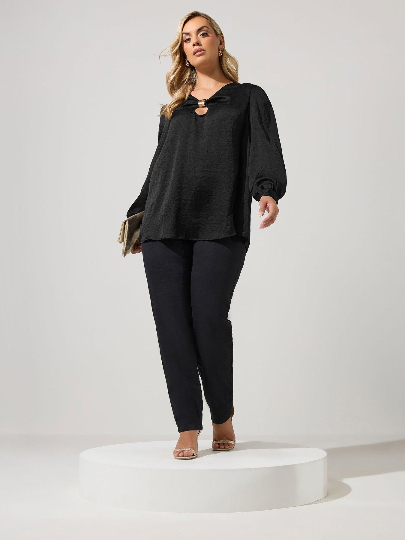 Image 3 of 4 of Yours Womens Curve Crinkle Satin Metal Trim Blouse - Black