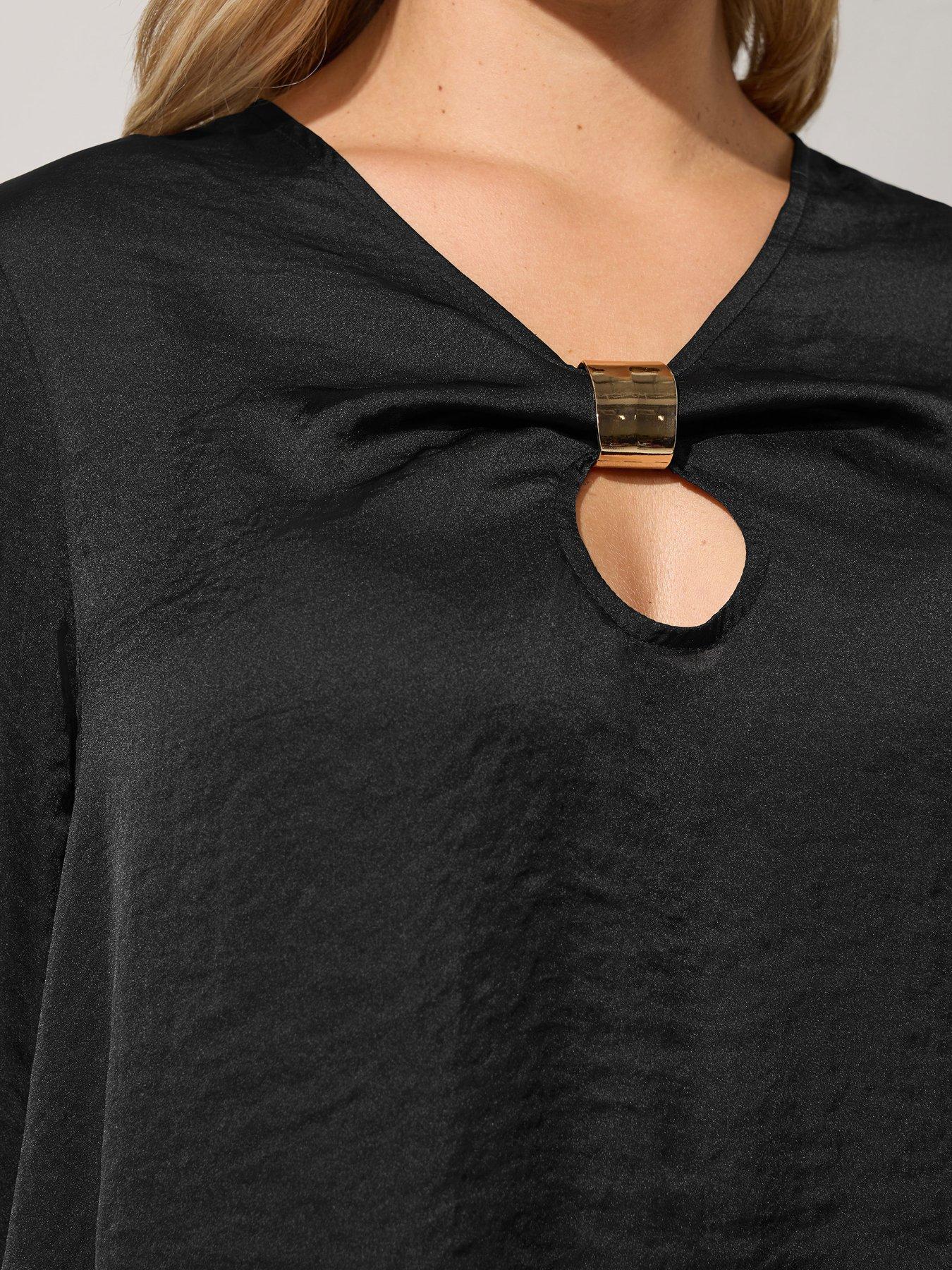 Image 4 of 4 of Yours Womens Curve Crinkle Satin Metal Trim Blouse - Black