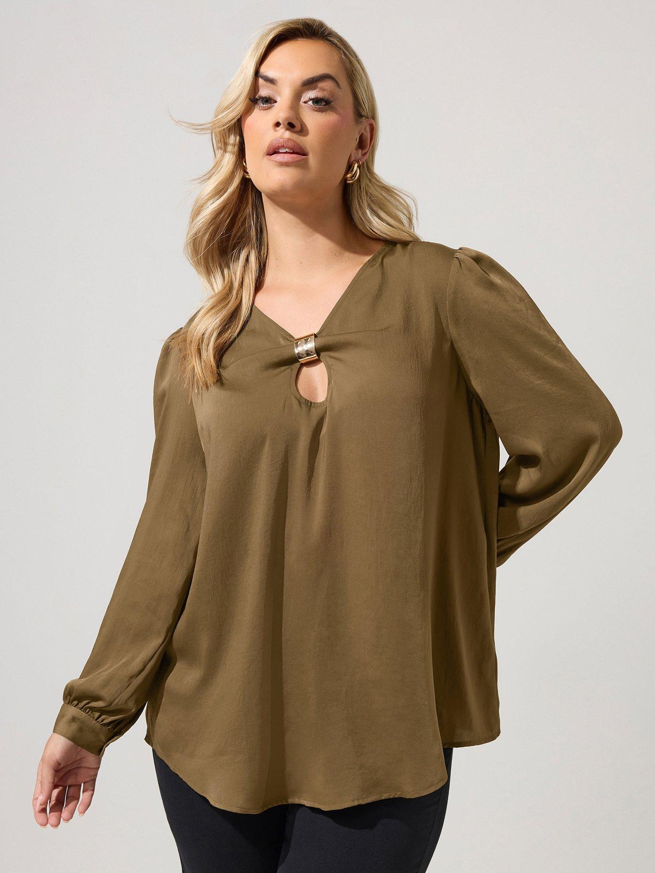 Yours Curve Crinkle Satin Metal Trim Blouse - Brown