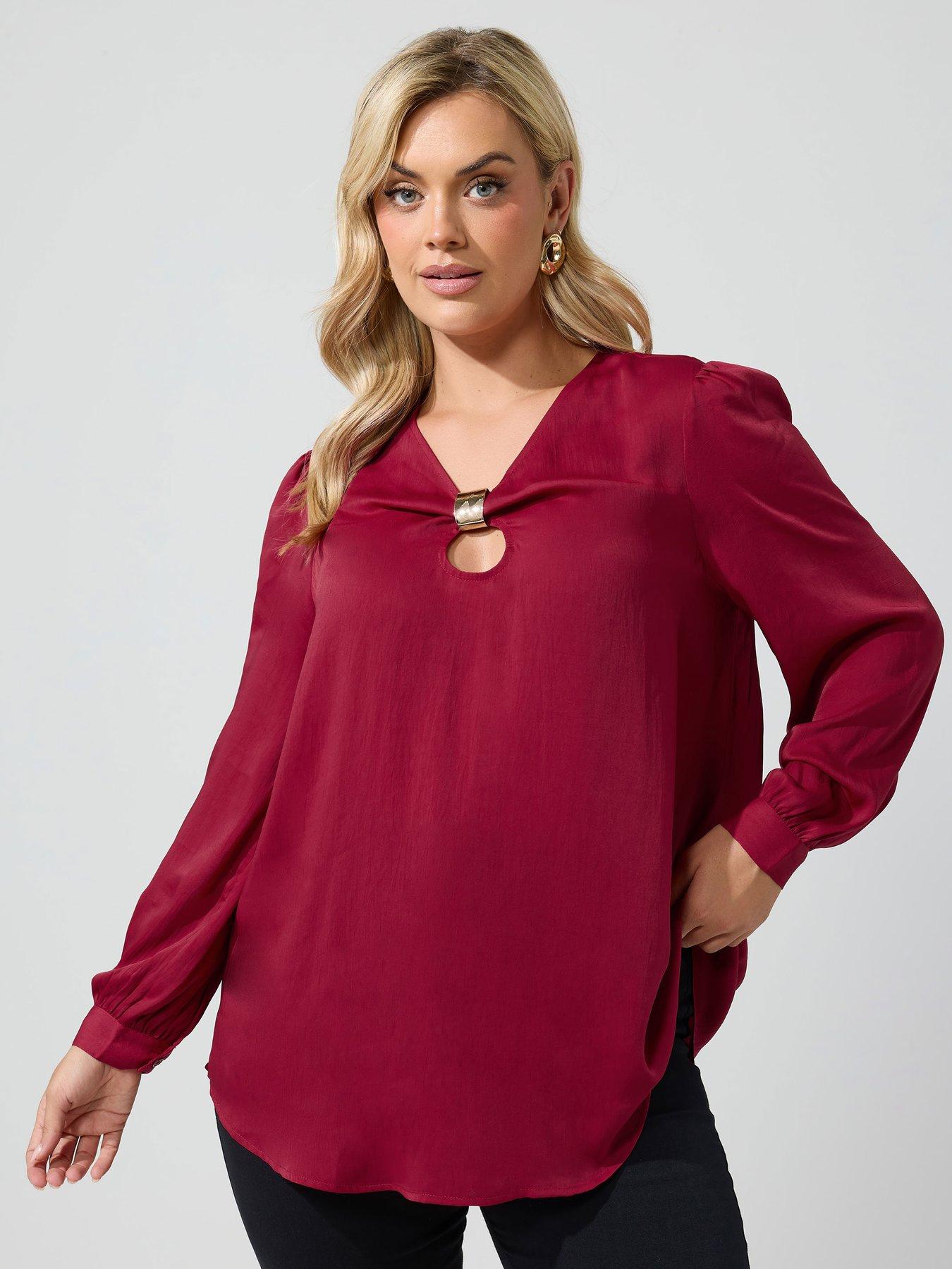 Image 1 of 4 of Yours Womens Curve Crinkle Satin Metal Trim Blouse - Red