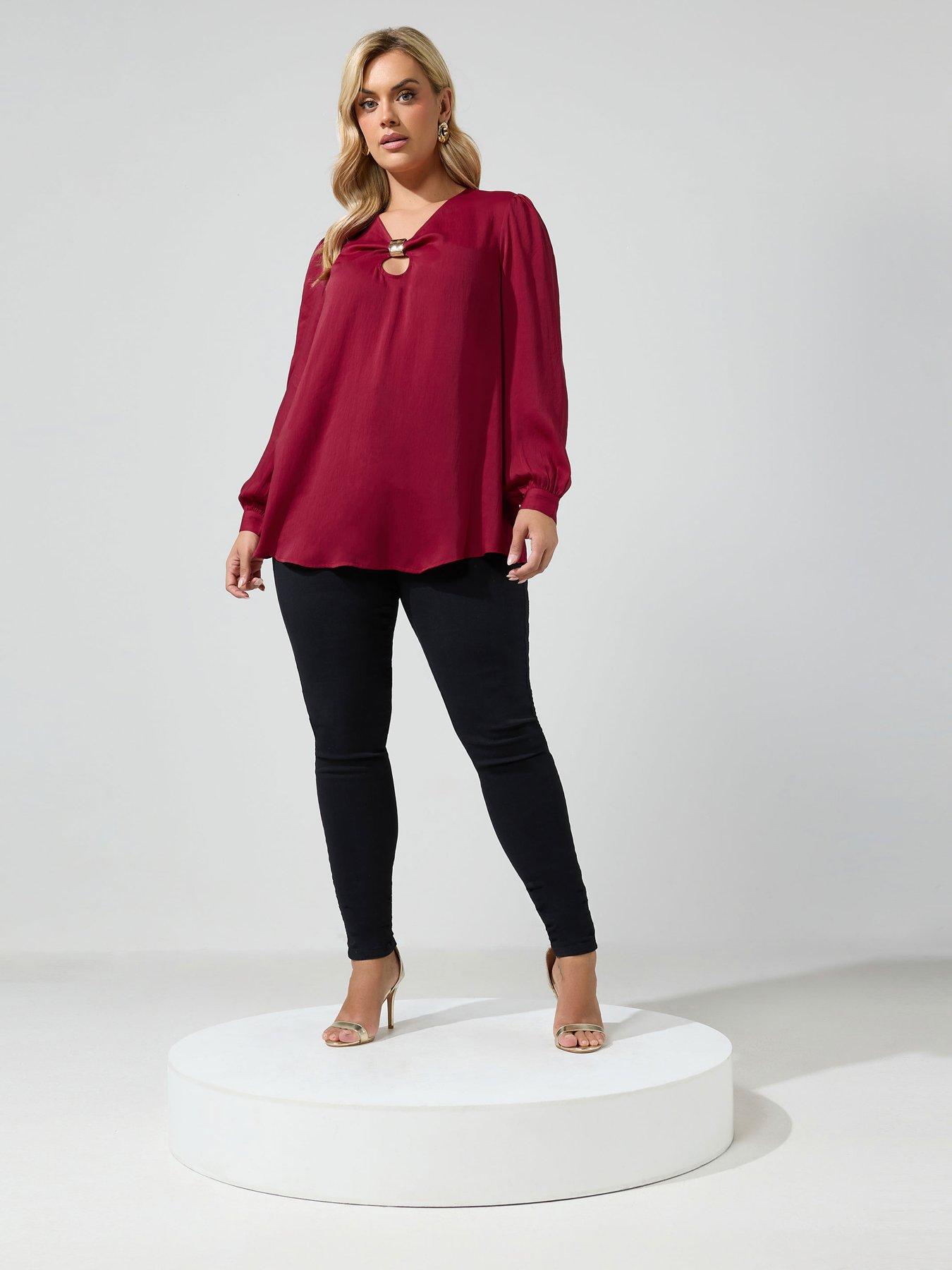 Image 3 of 4 of Yours Womens Curve Crinkle Satin Metal Trim Blouse - Red