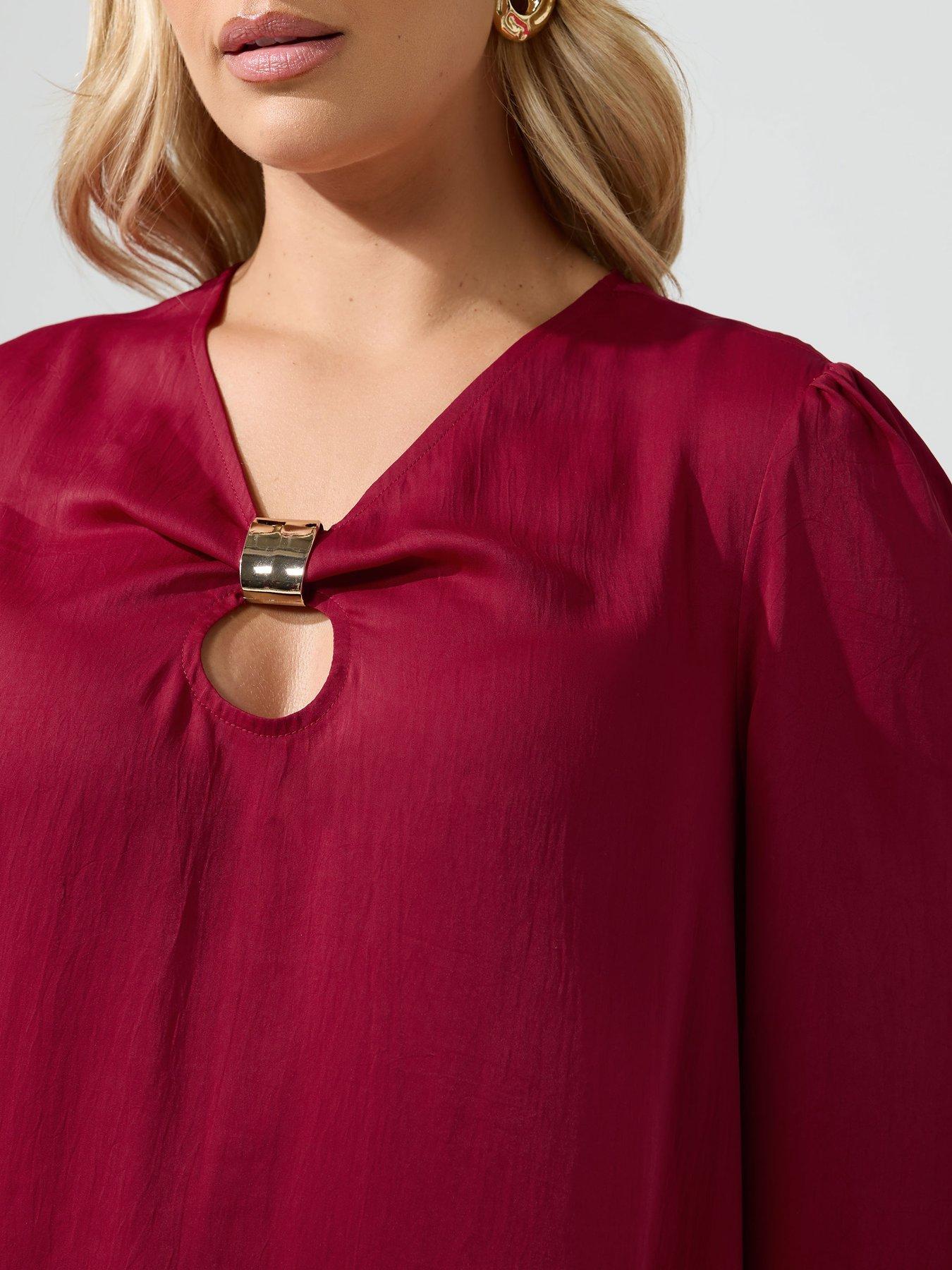 Image 4 of 4 of Yours Womens Curve Crinkle Satin Metal Trim Blouse - Red