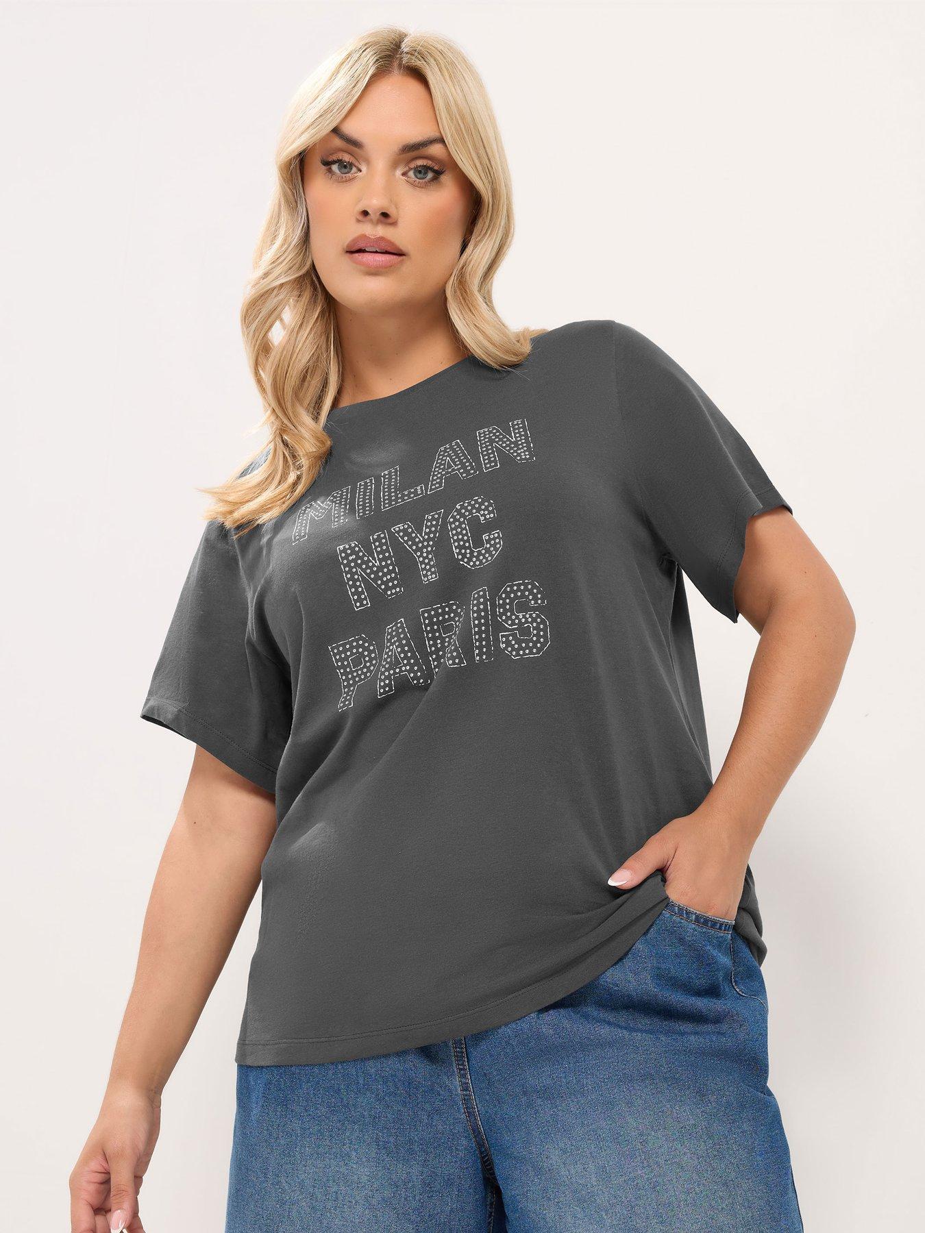 Image 1 of 4 of Yours Curve "Milan, NYC &amp; Paris" Studded T-Shirt - Grey