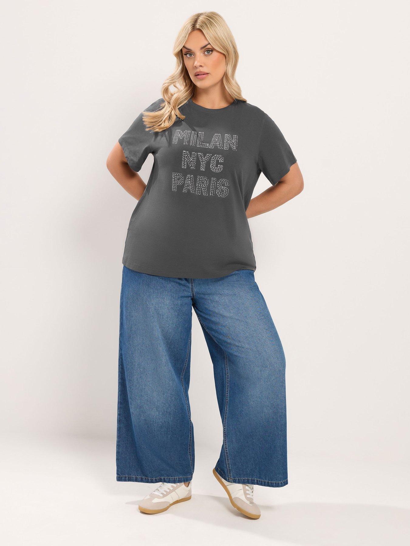Image 3 of 4 of Yours Curve "Milan, NYC &amp; Paris" Studded T-Shirt - Grey