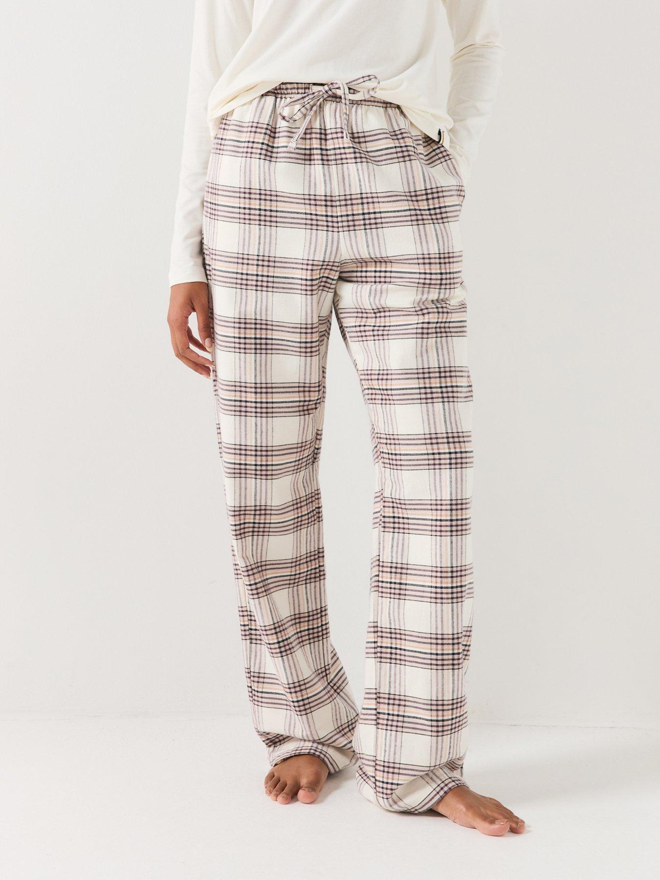 Image 1 of 6 of BOSS Womens Holiday Drawcord Waist Checked Trousers - White