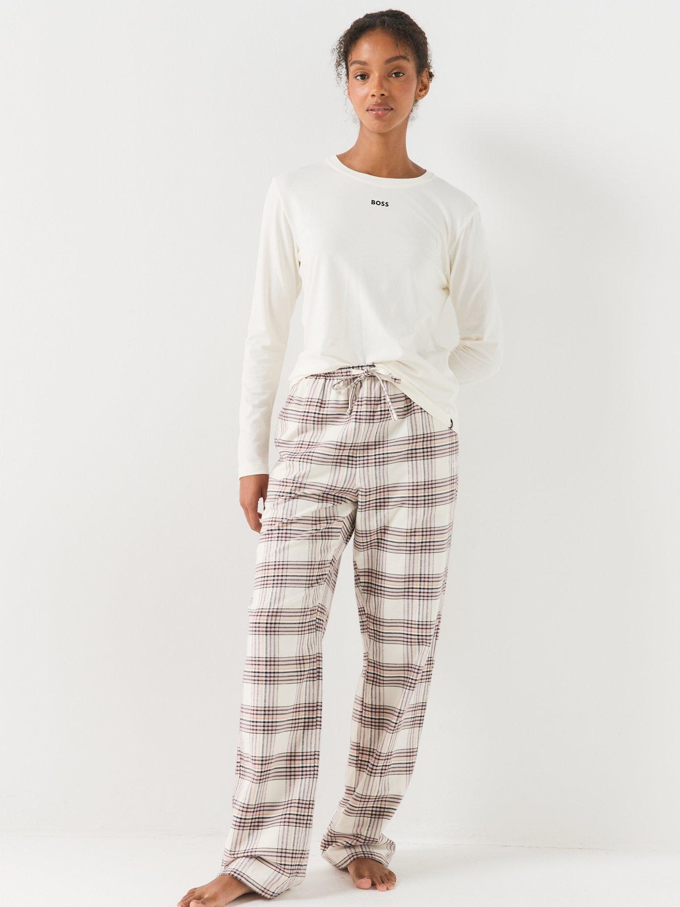 Image 3 of 6 of BOSS Womens Holiday Drawcord Waist Checked Trousers - White