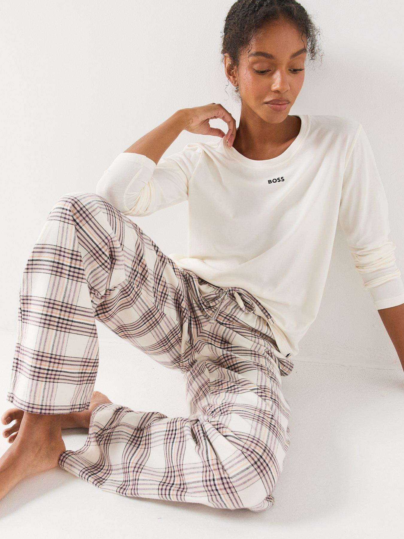 Image 4 of 6 of BOSS Womens Holiday Drawcord Waist Checked Trousers - White