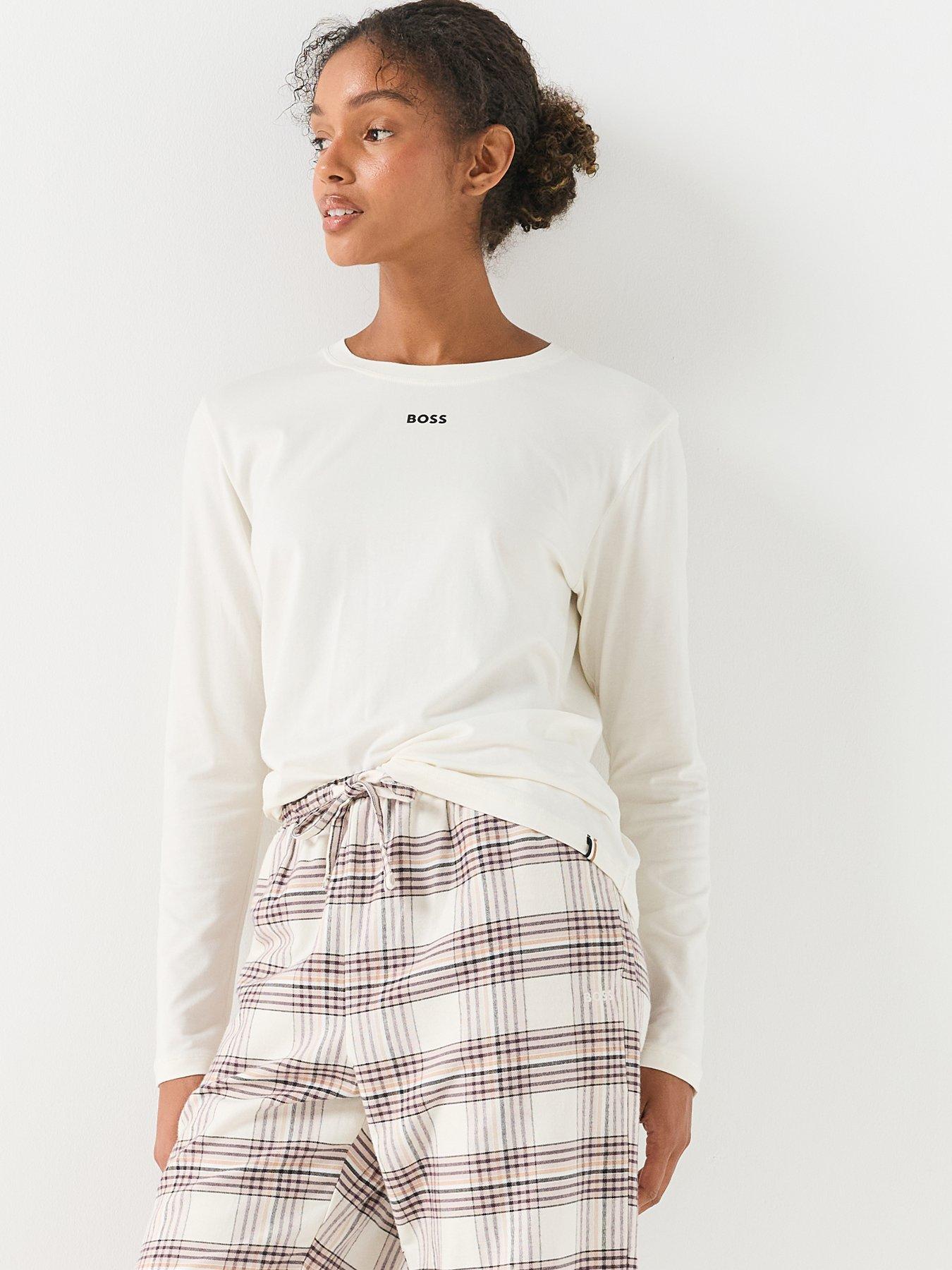 Image 5 of 6 of BOSS Womens Holiday Drawcord Waist Checked Trousers - White