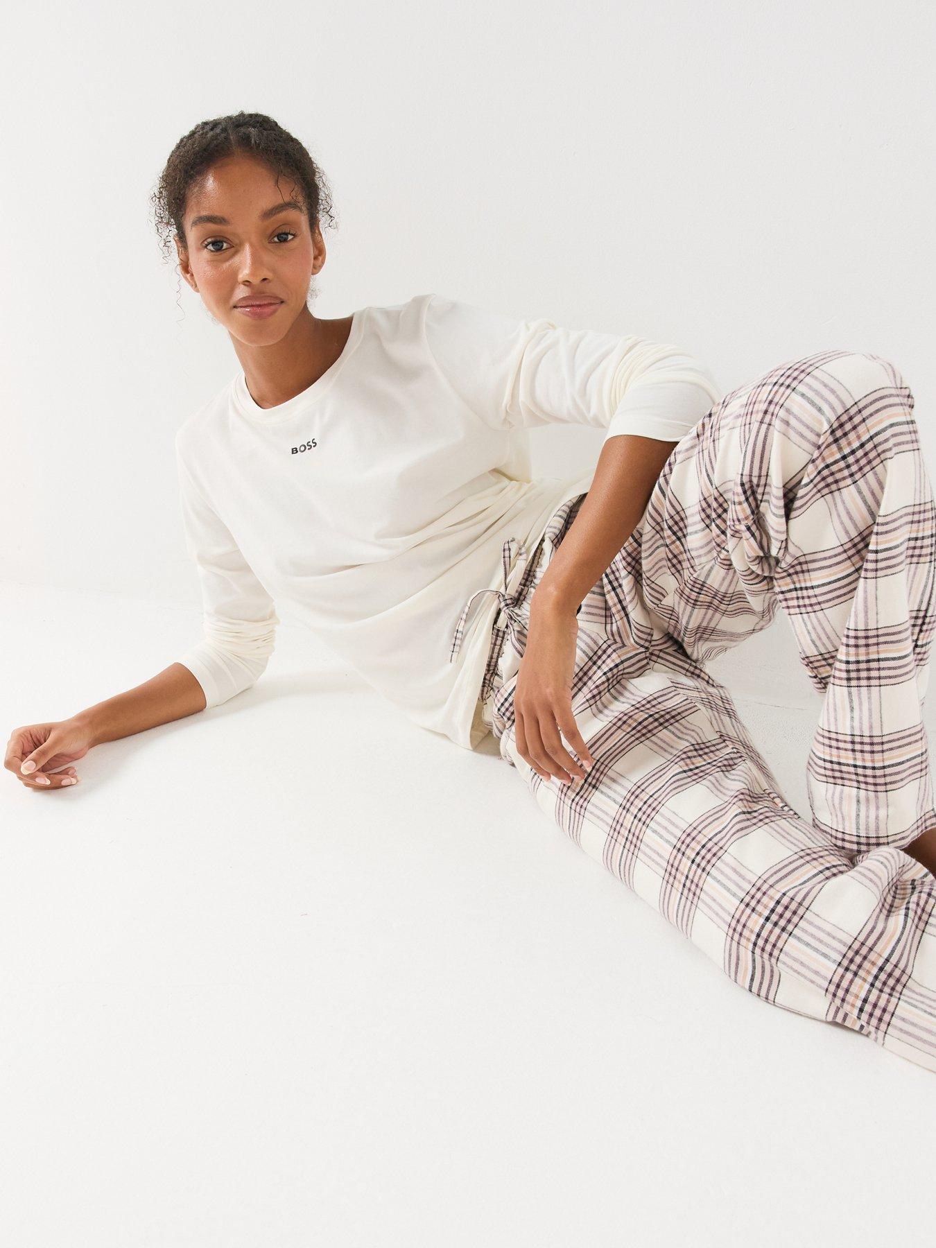 Image 6 of 6 of BOSS Womens Holiday Drawcord Waist Checked Trousers - White
