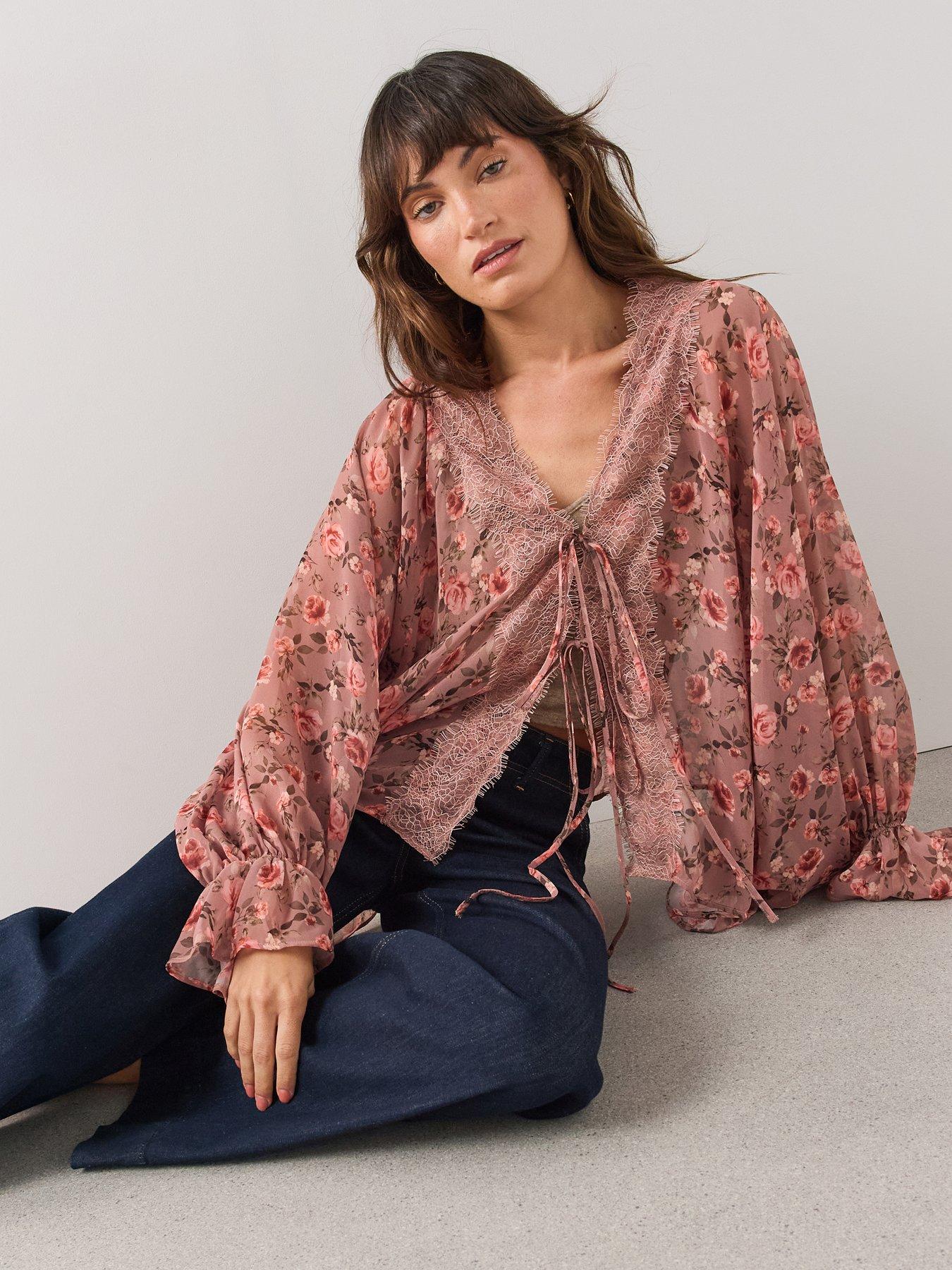 The Very Collection Floral Lace Trim Tie Front Blouse