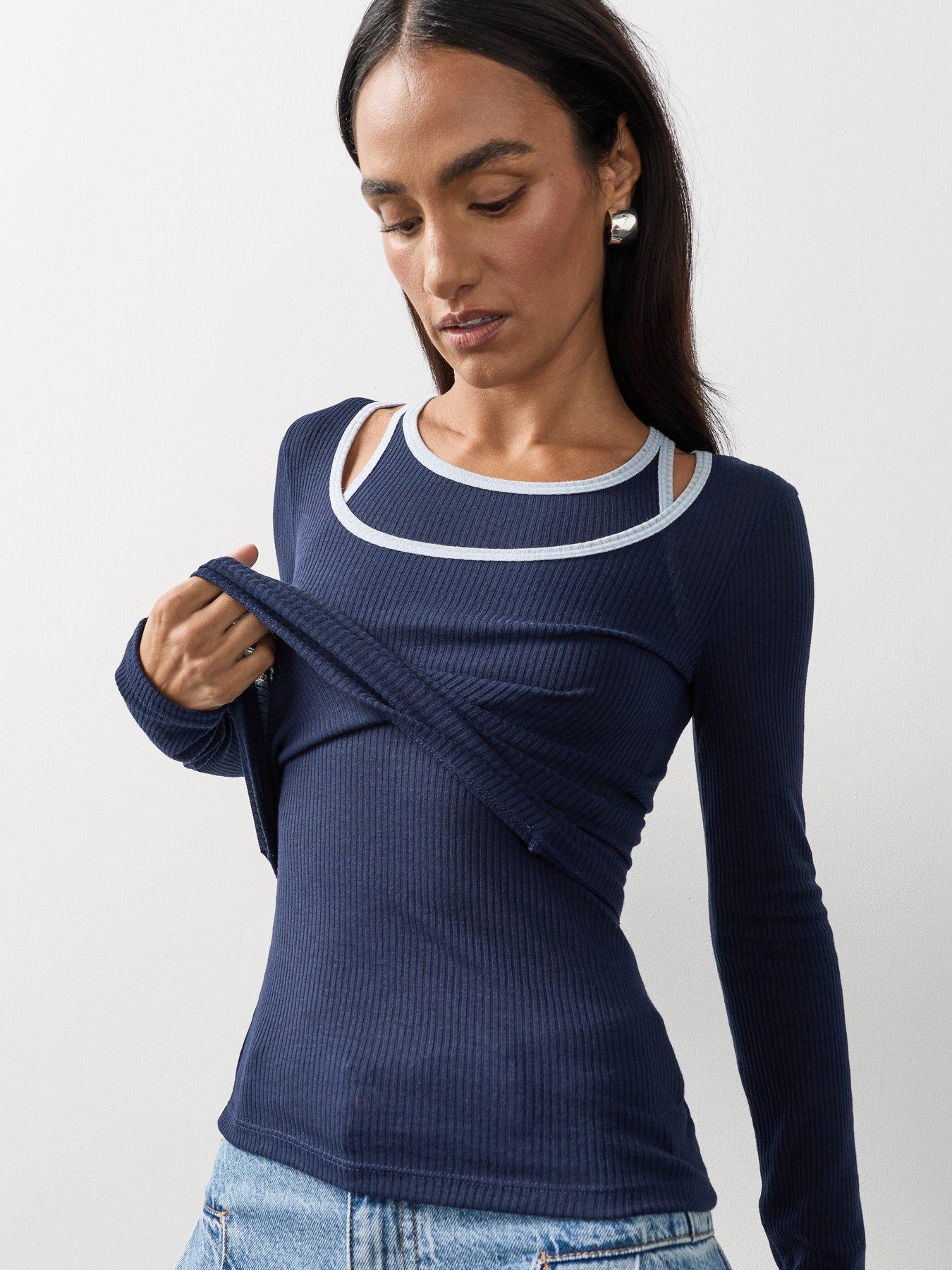 Image 4 of 7 of Michelle Keegan Double Layer Sheer Top - Navy