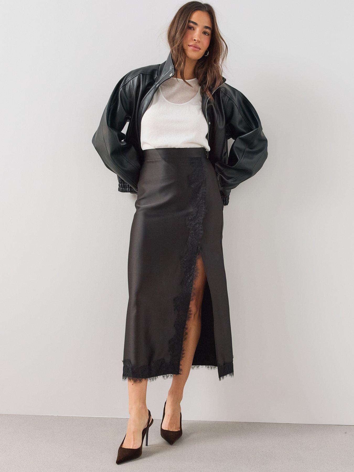 Image 1 of 6 of The Very Collection Satin Lace Trim Maxi Skirt
