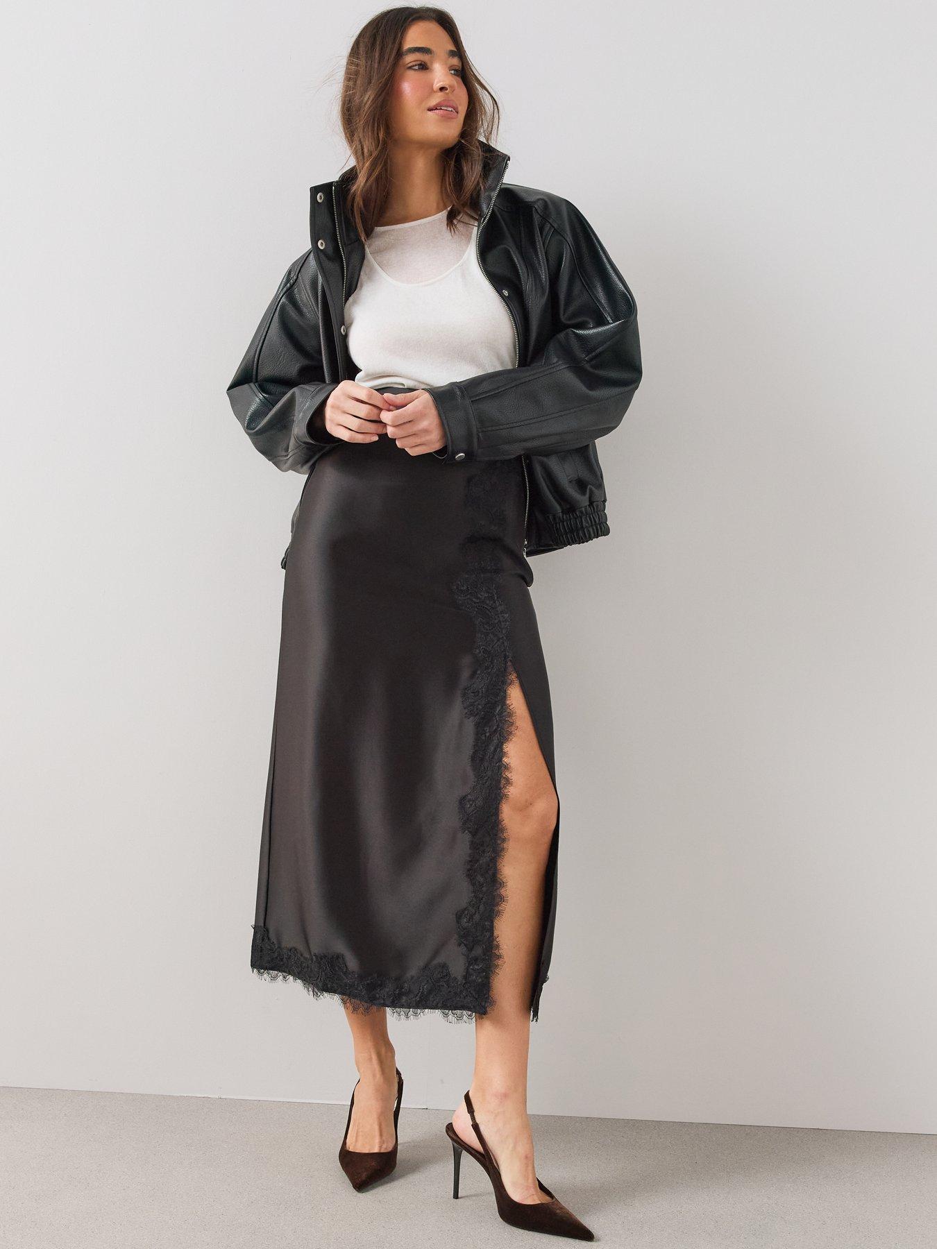Image 3 of 6 of The Very Collection Satin Lace Trim Maxi Skirt