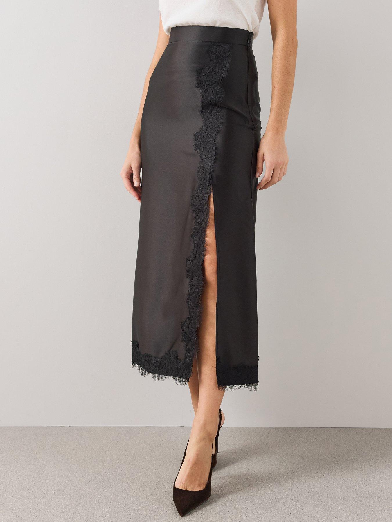 Image 4 of 6 of The Very Collection Satin Lace Trim Maxi Skirt