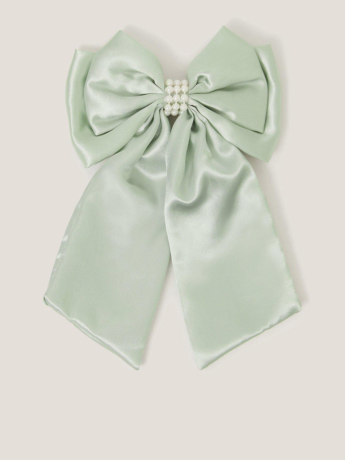 Monsoon Girls Pearl Satin Long Bow Clip - Light Green